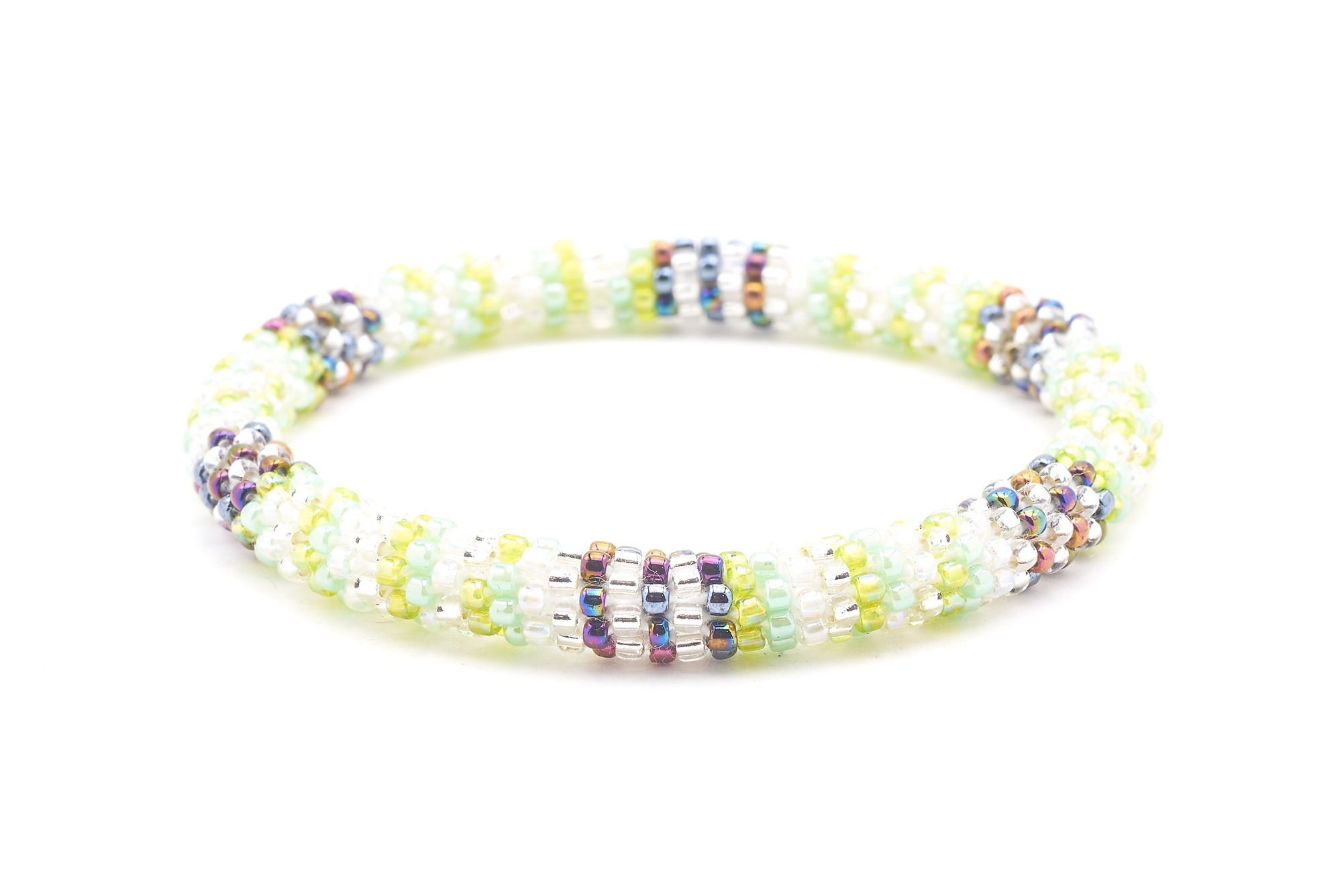 Sashka Co handmade beaded friendship bracelet with clear, green, mint, iridescent clear, and iridescent mix glass beads. Crafted in Nepal by skilled artisans in a line pattern.

