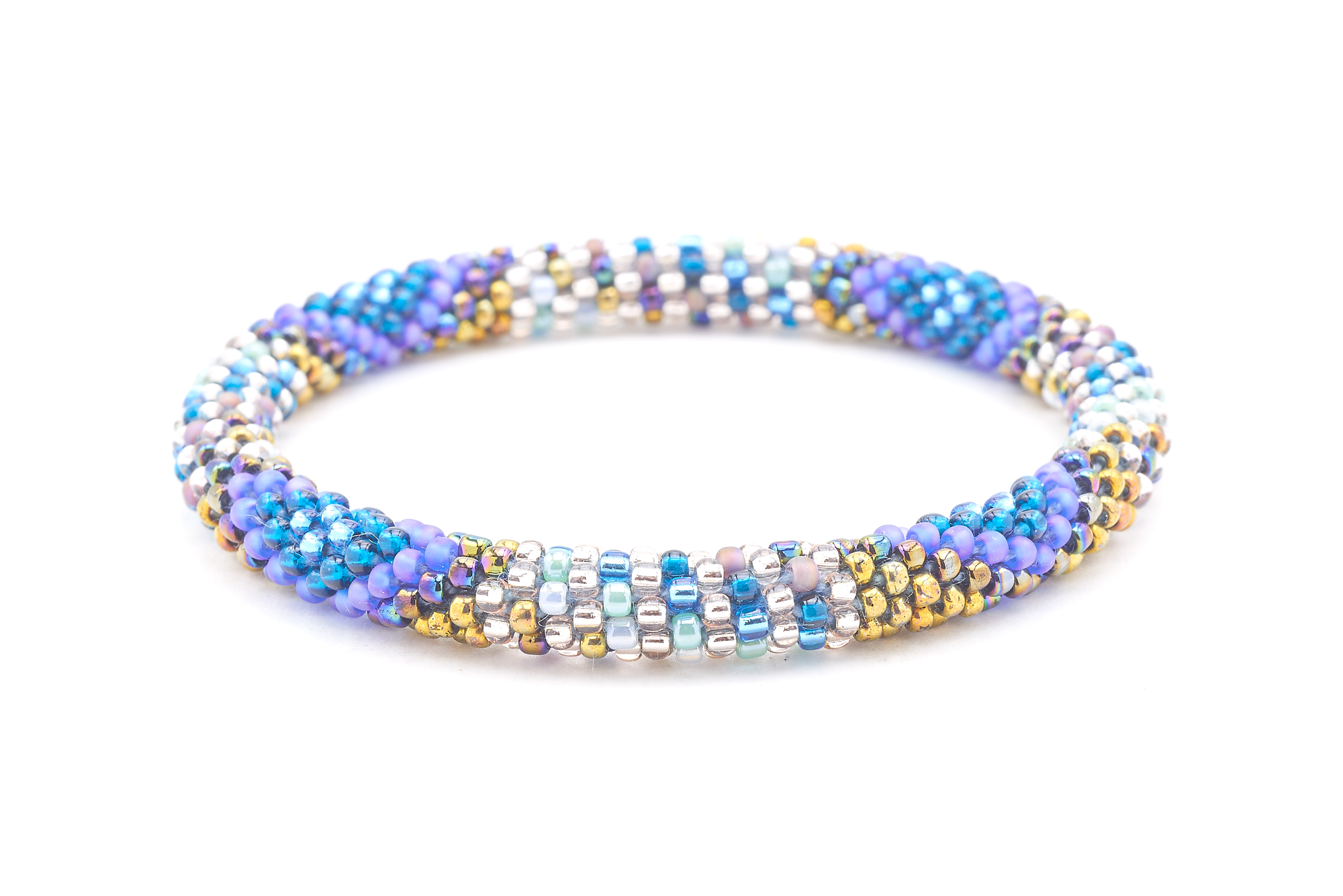 Sashka Co handmade beaded friendship bracelet with clear, teal, matte iridescent blue, iridescent bronze, mint, and iridescent mauve glass beads. Crafted in Nepal by skilled artisans in a diamond line pattern.
