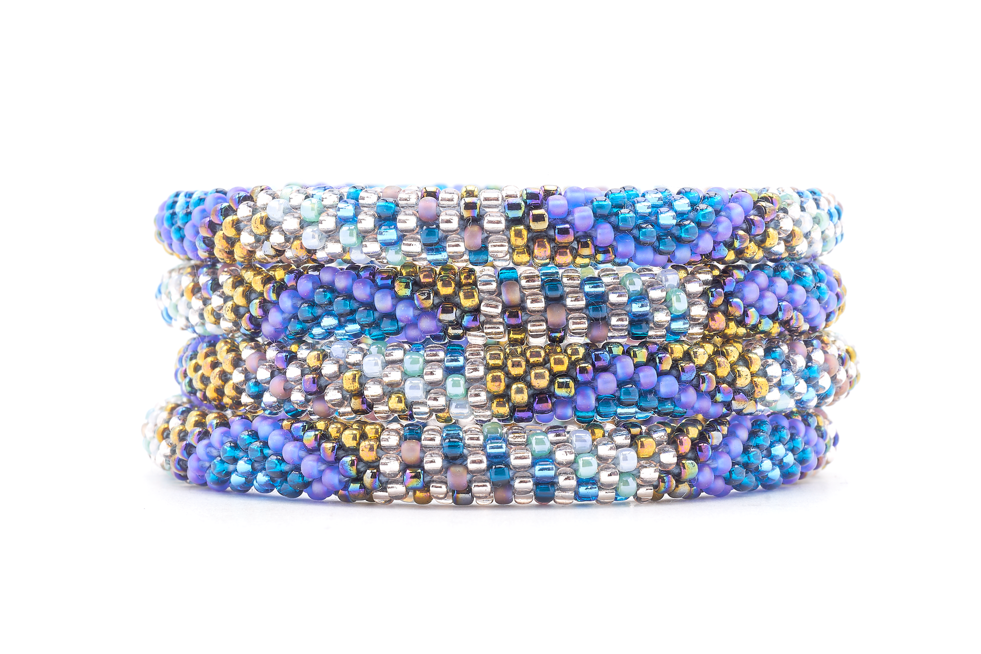 Sashka Co handmade beaded friendship bracelet with clear, teal, matte iridescent blue, iridescent bronze, mint, and iridescent mauve glass beads. Crafted in Nepal by skilled artisans in a diamond line pattern.