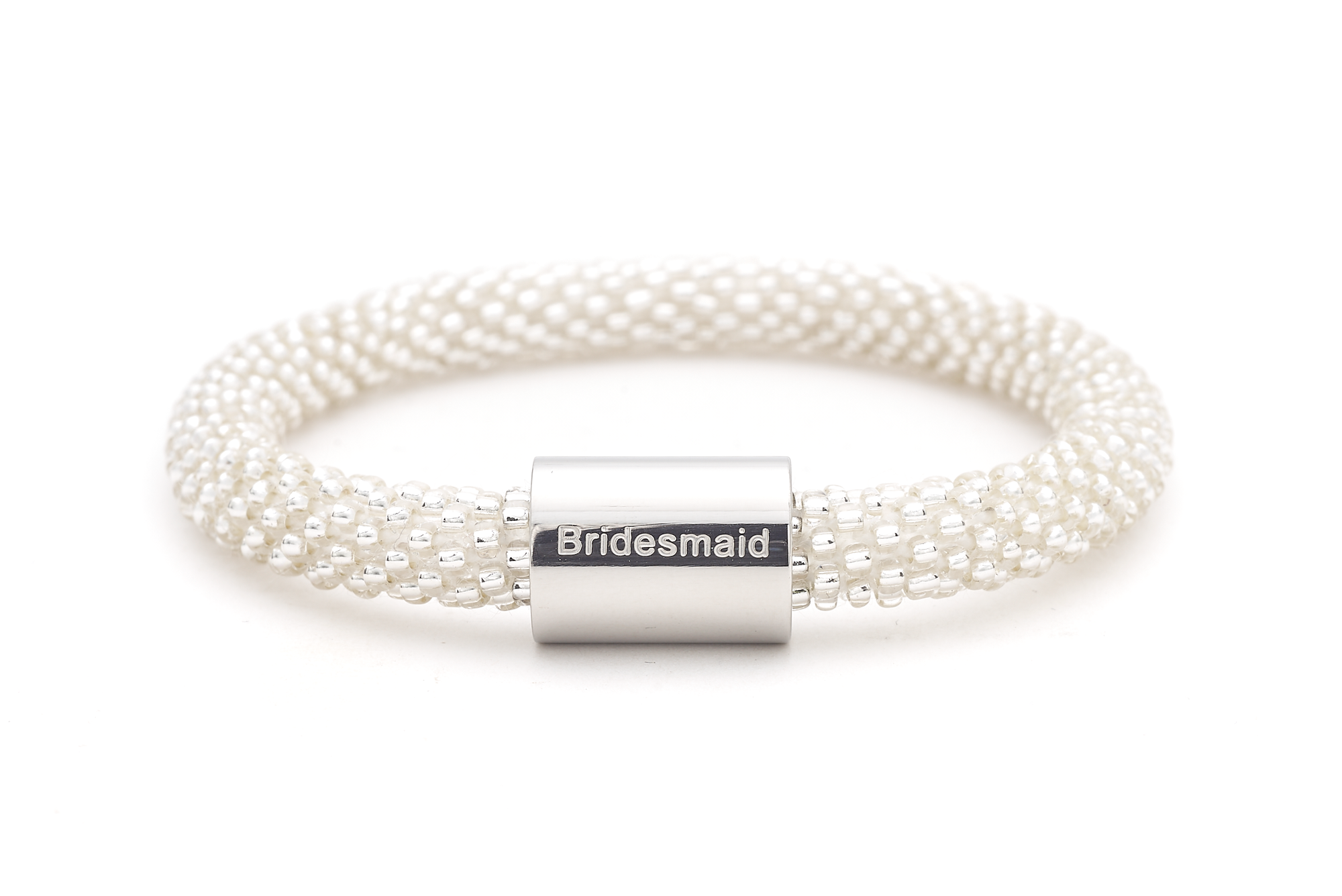 Sashka Co. Clear w/ Silver Bridesmaid Charm Bracelet. Handmade glass bead bracelet from Nepal, featuring a roll design.
 