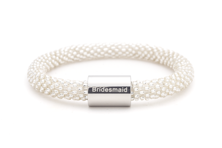 Sashka Co. Clear w/ Silver Bridesmaid Charm Bracelet. Handmade glass bead bracelet from Nepal, featuring a roll design.
 