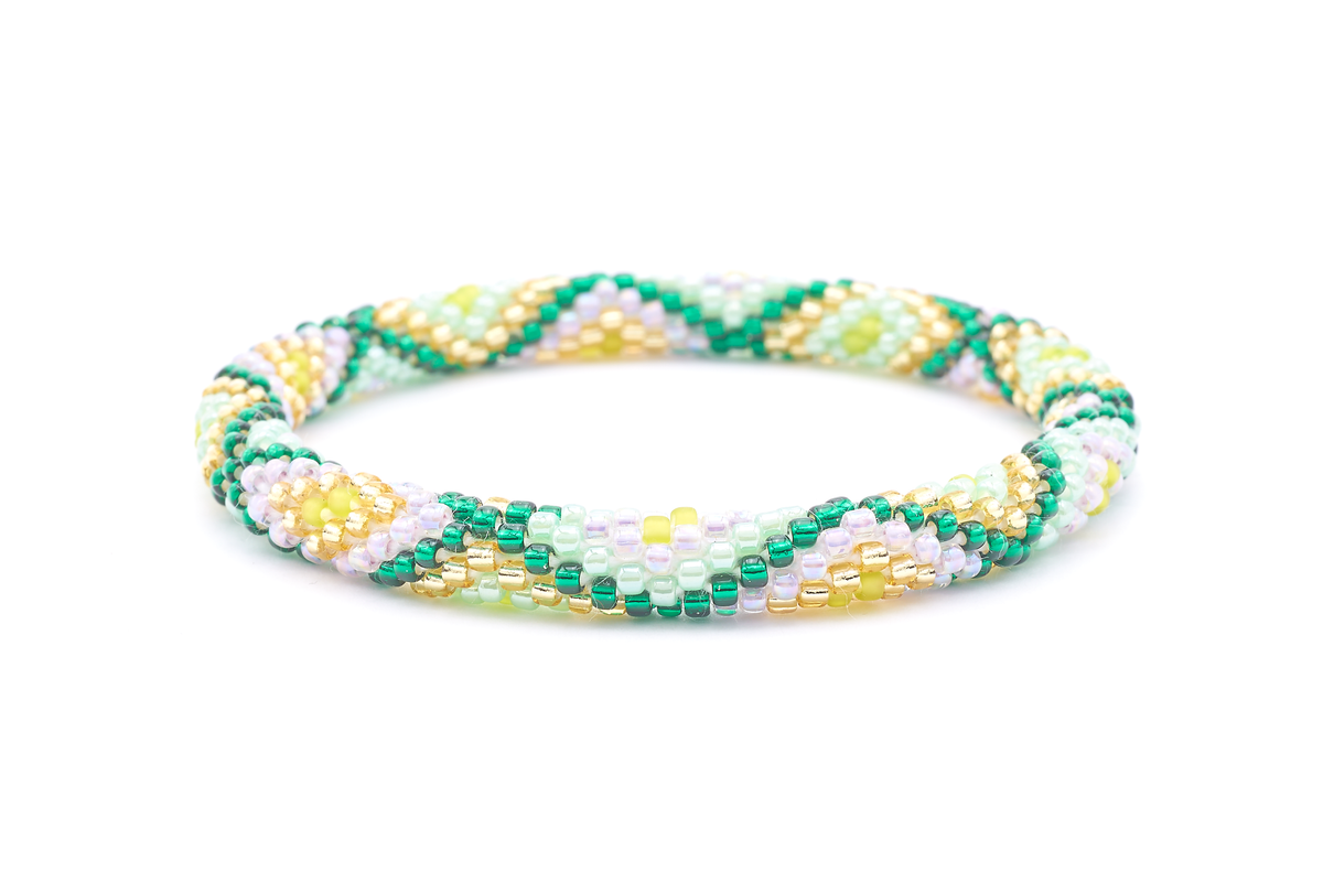 Sashka Co handmade beaded friendship bracelet with green, mint, champagne gold, purple, and lime diamond pattern. Crafted in Nepal by skilled artisans.