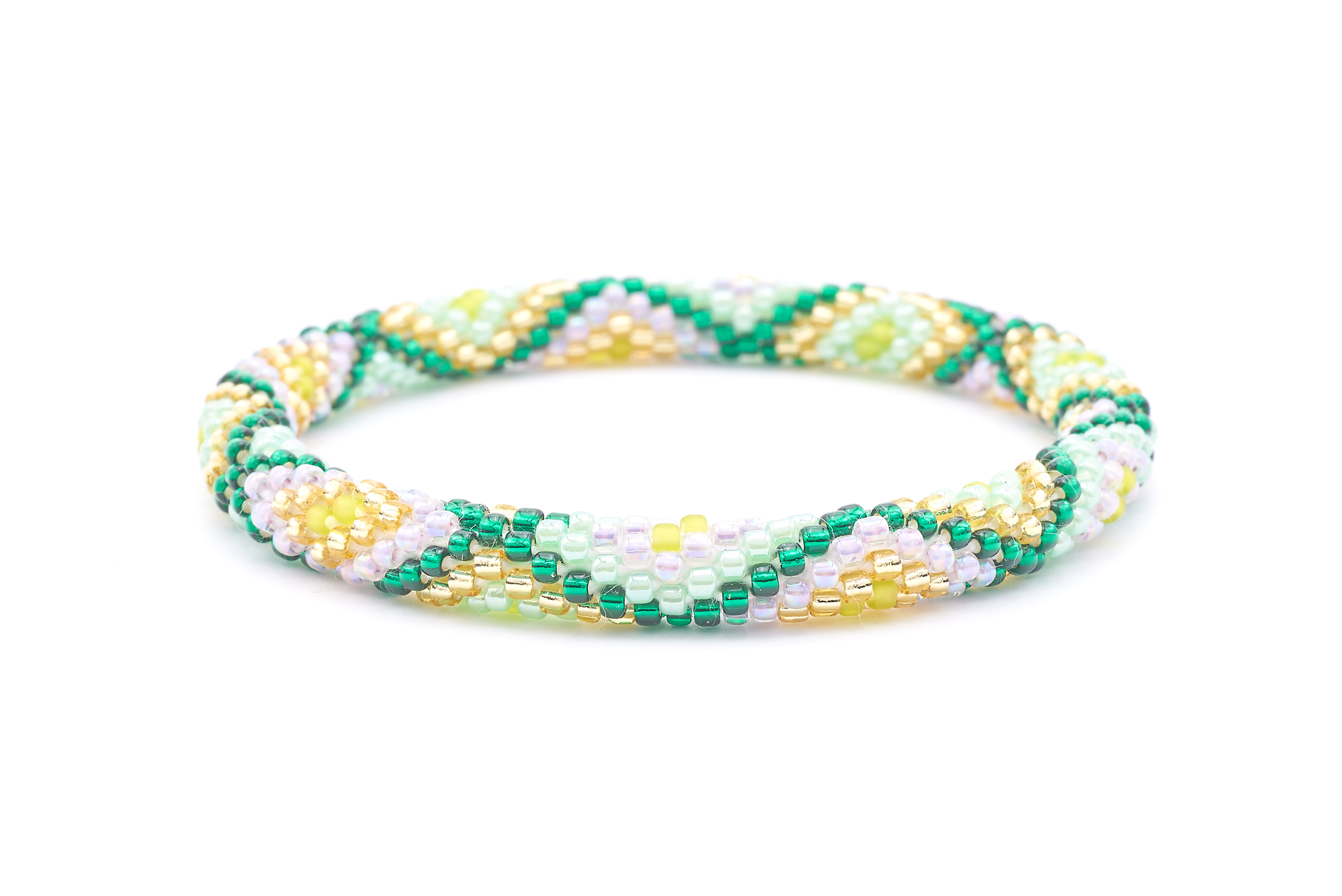 Sashka Co handmade beaded friendship bracelet with green, mint, champagne gold, purple, and lime diamond pattern. Crafted in Nepal by skilled artisans.