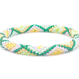 Sashka Co handmade beaded friendship bracelet with green, mint, champagne gold, purple, and lime diamond pattern. Crafted in Nepal by skilled artisans.