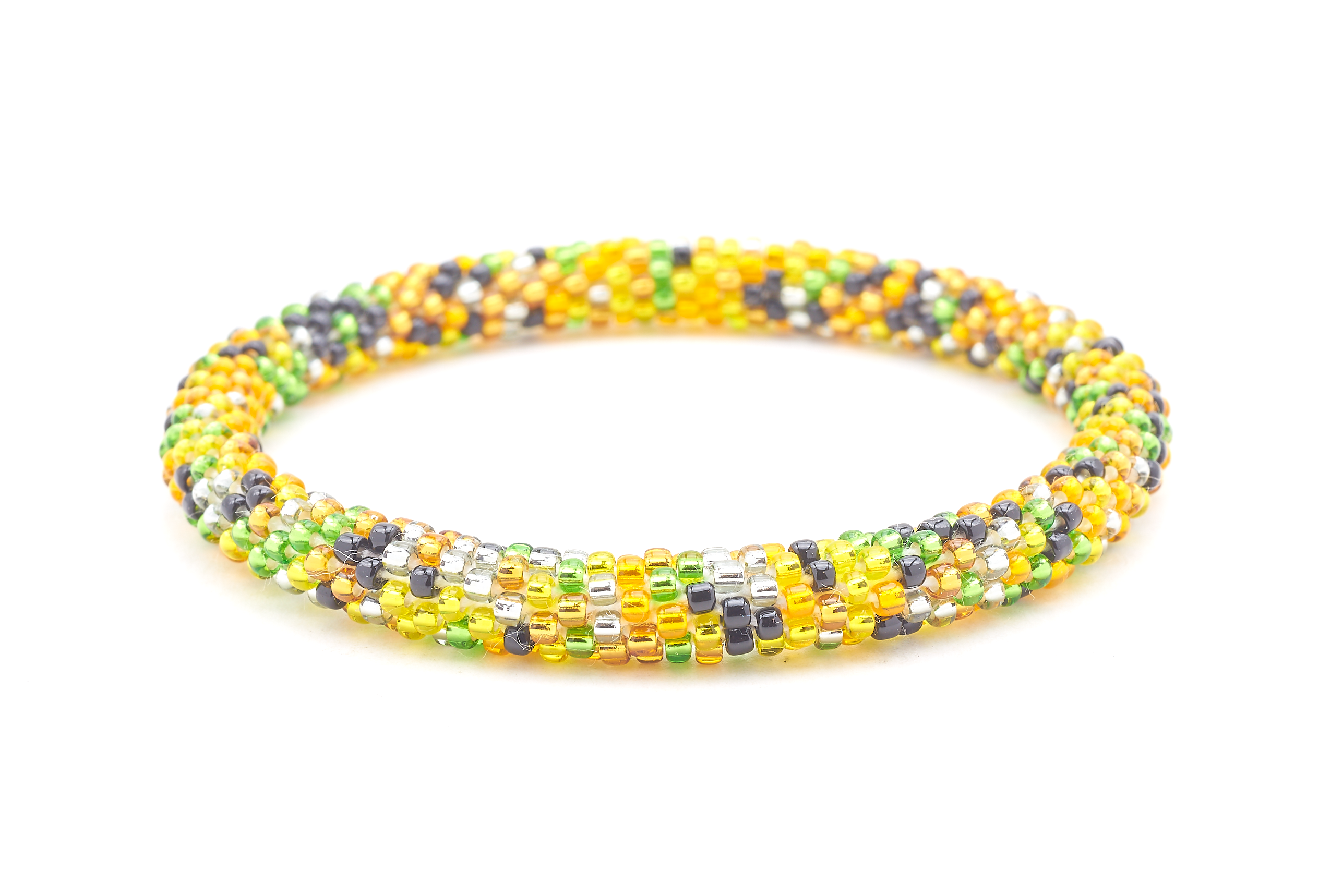 Sashka Co handmade beaded friendship bracelet with green, orange, yellow, black, and clear glass beads. Crafted in Nepal by skilled artisans in a confetti pattern.