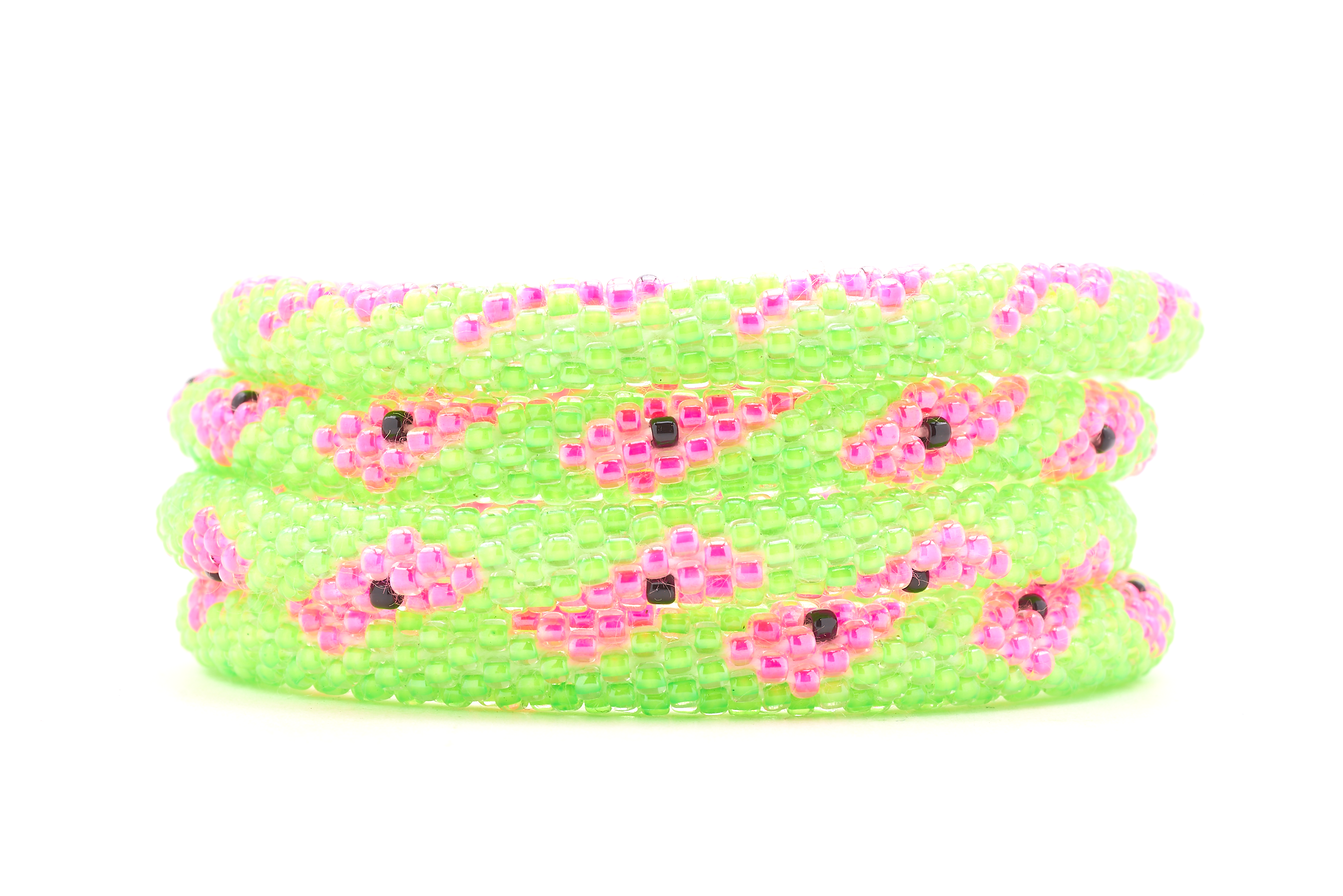 Sashka Co. Green, Pink , Black Watermelon Bracelet. Handmade glass bead bracelet from Nepal, featuring a roll design.