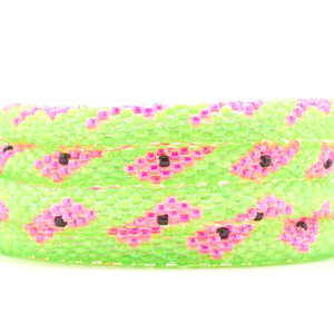 Sashka Co. Green, Pink , Black Watermelon Bracelet. Handmade glass bead bracelet from Nepal, featuring a roll design.