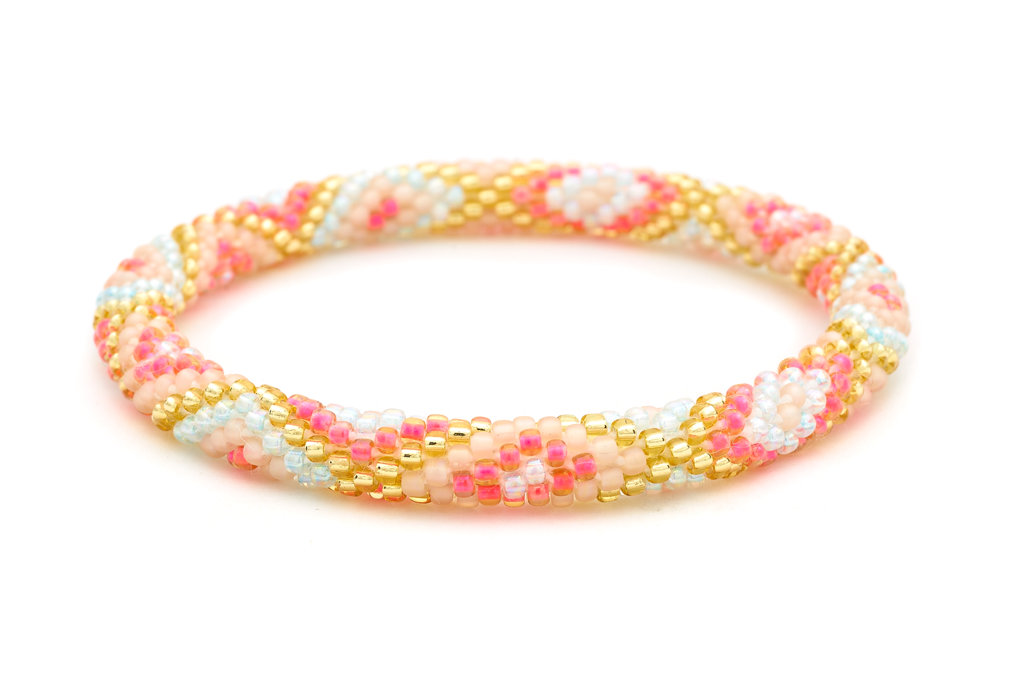 Sashka Co handmade beaded friendship bracelet with hot pink, gold, matte nude, and iridescent clear diamond pattern. Crafted in Nepal.

