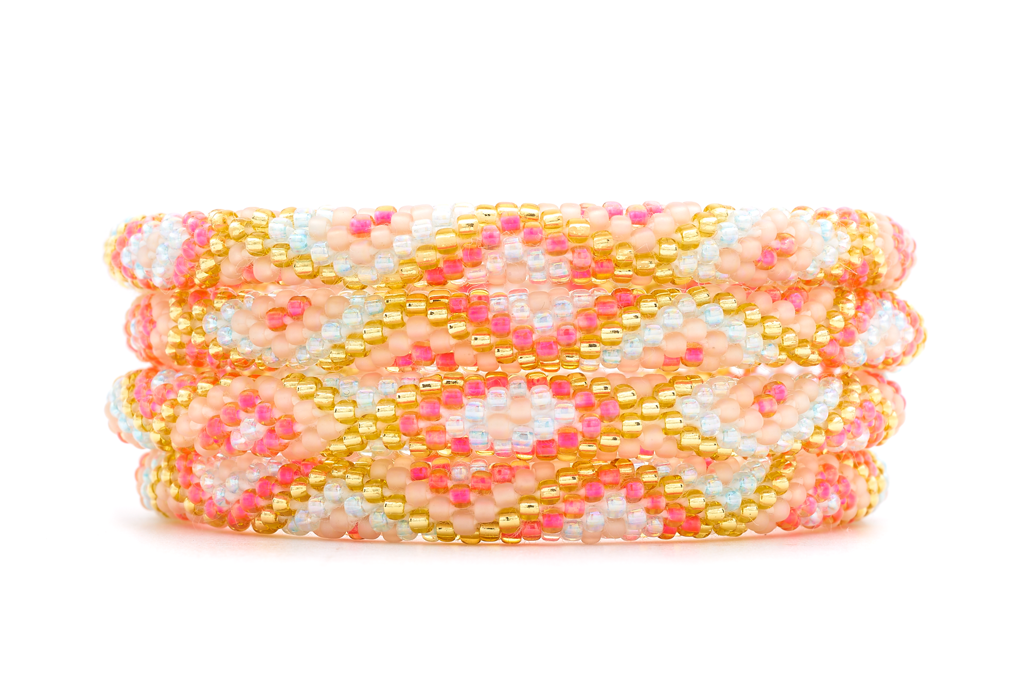 Sashka Co handmade beaded friendship bracelet with hot pink, gold, matte nude, and iridescent clear diamond pattern. Crafted in Nepal.

