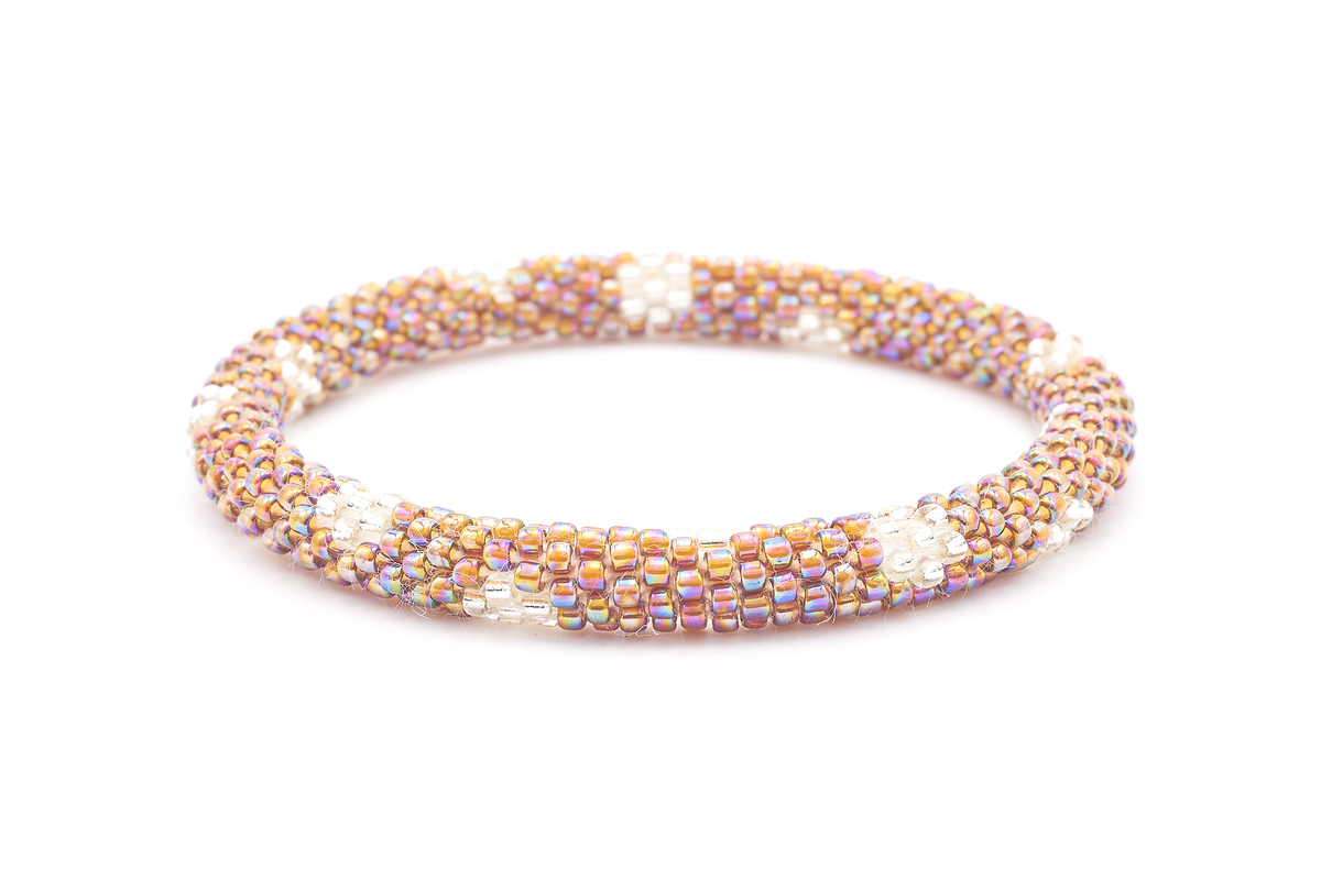 Sashka Co. handmade beaded friendship bracelet with iridescent brown and clear flower pattern. Crafted in Nepal by skilled artisans.