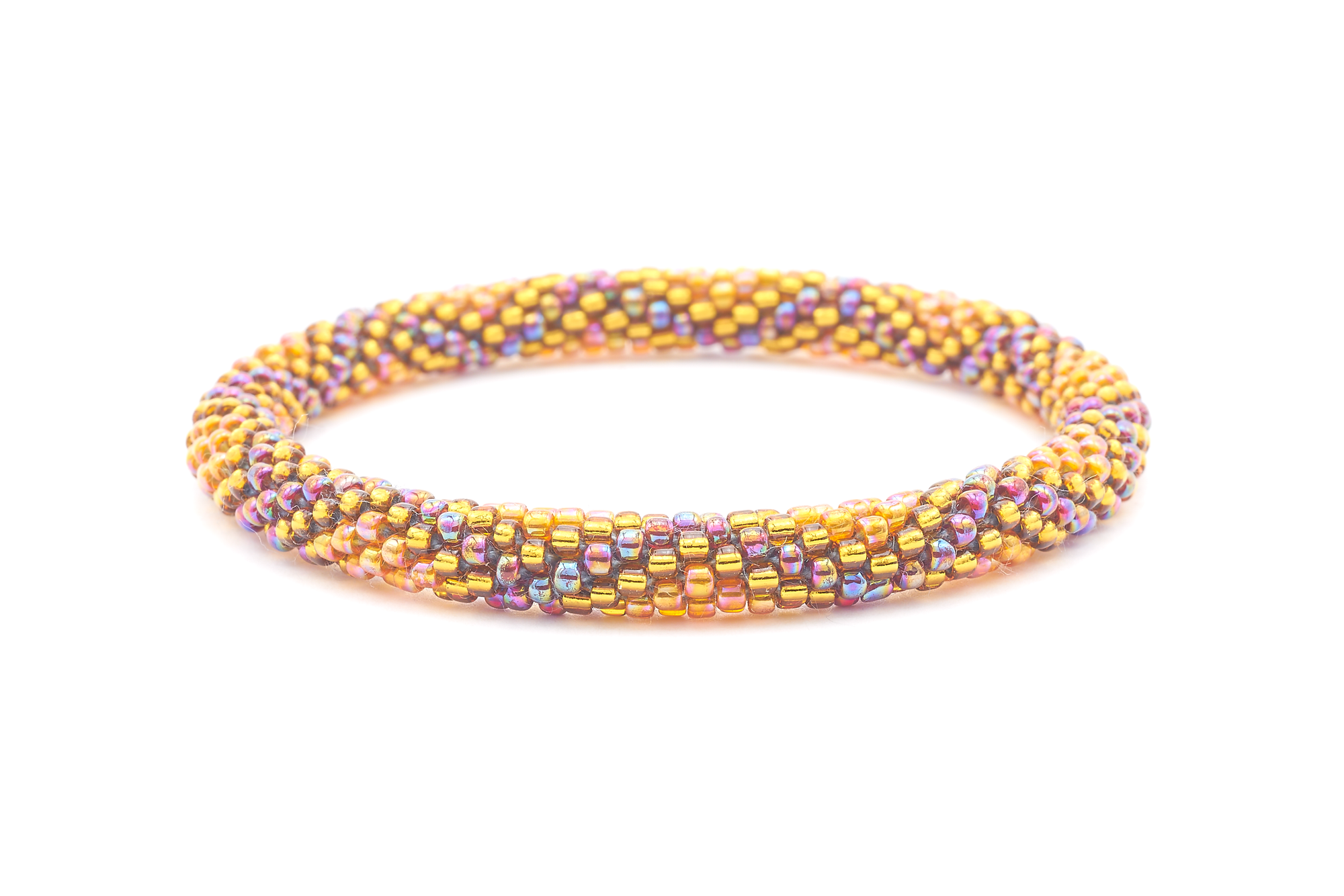 Sashka Co. handmade beaded friendship bracelet with iridescent orange, gold, and iridescent diamond pattern. Crafted in Nepal by skilled artisans.