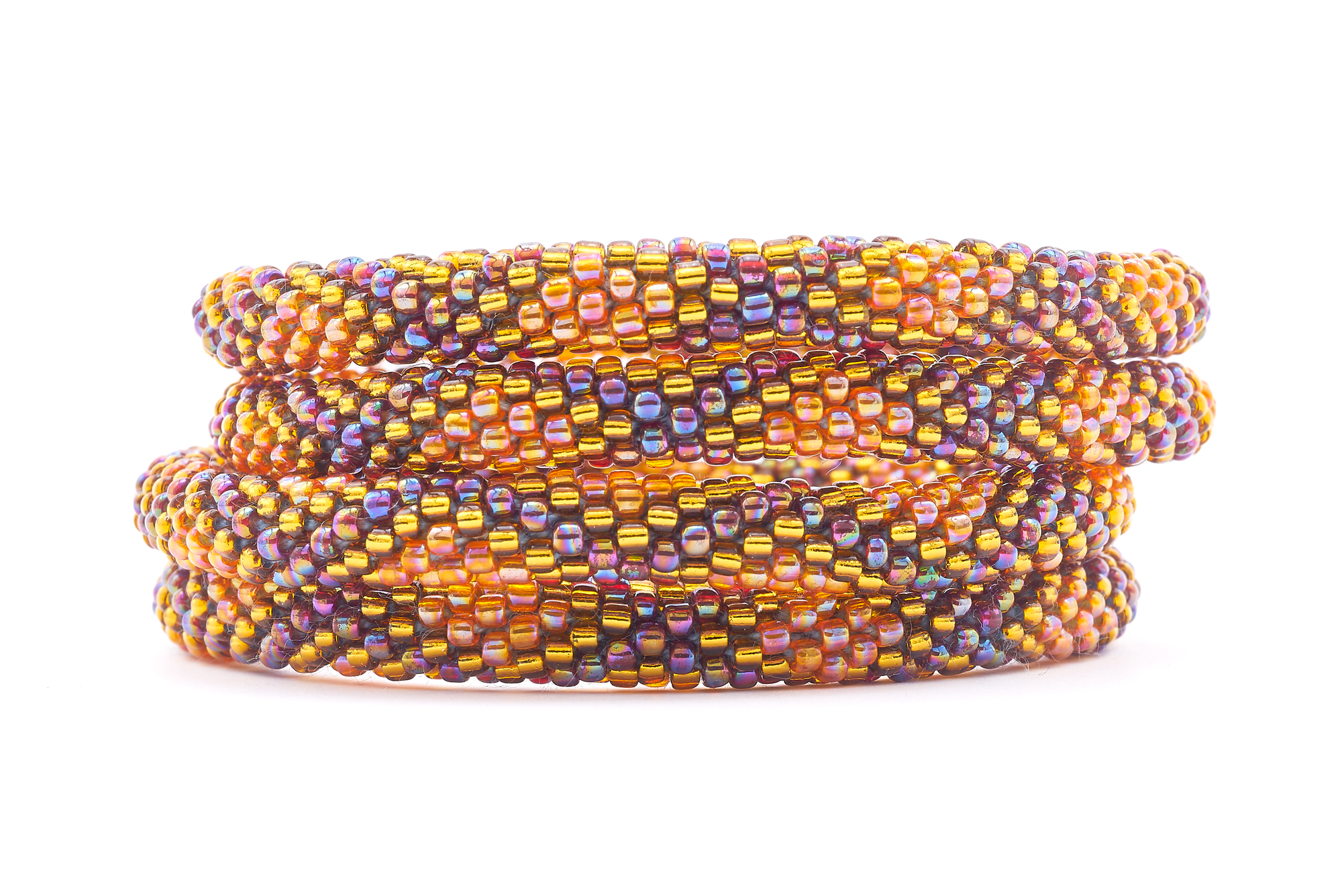 Sashka Co. handmade beaded friendship bracelet with iridescent orange, gold, and iridescent diamond pattern. Crafted in Nepal by skilled artisans.