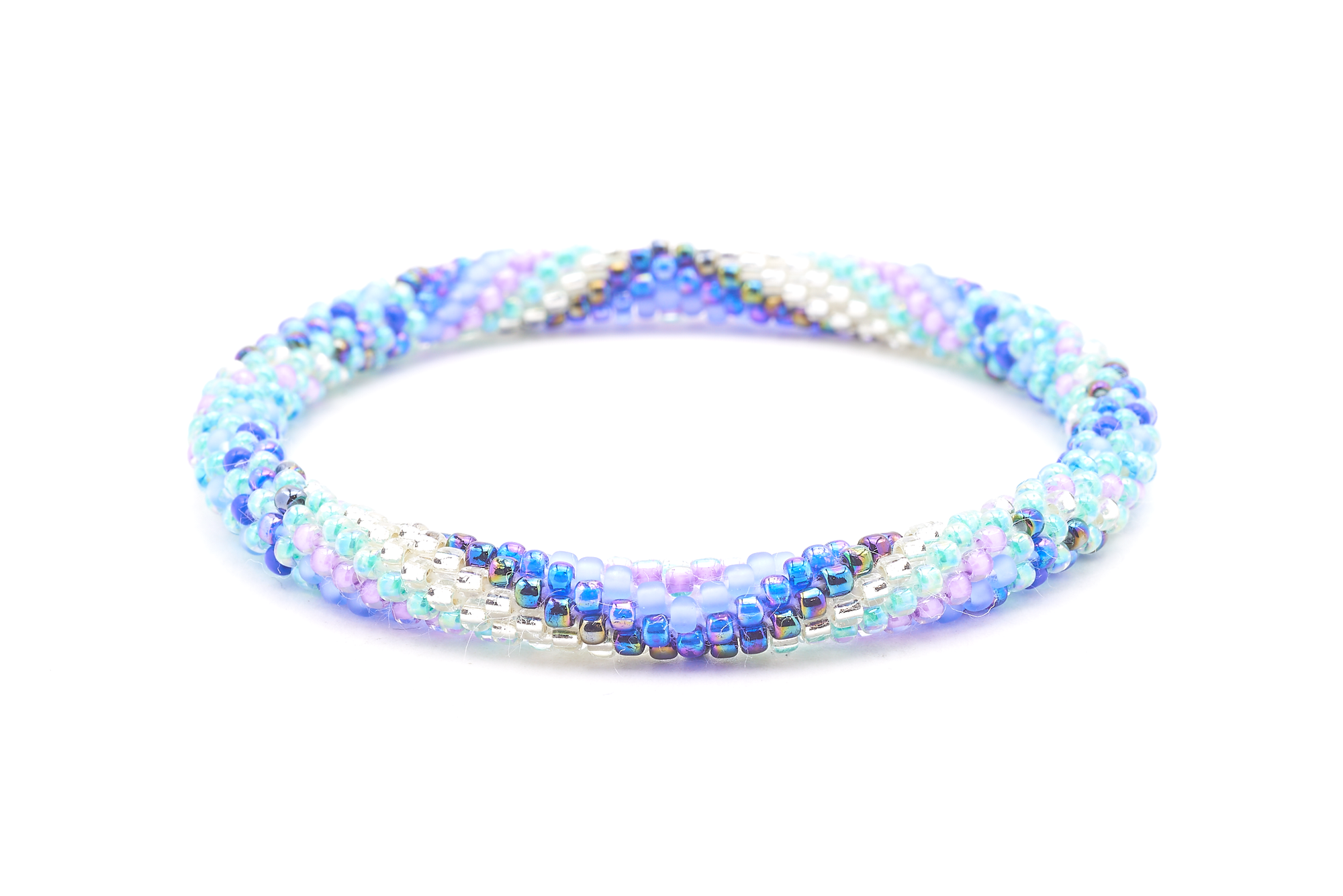 Sashka Co handmade beaded friendship bracelet with iridescent aqua, iridescent blue, purple, clear, azure blue, matte periwinkle, and iridescent glass beads. Crafted in Nepal by skilled artisans in a zigzag spiral pattern.

