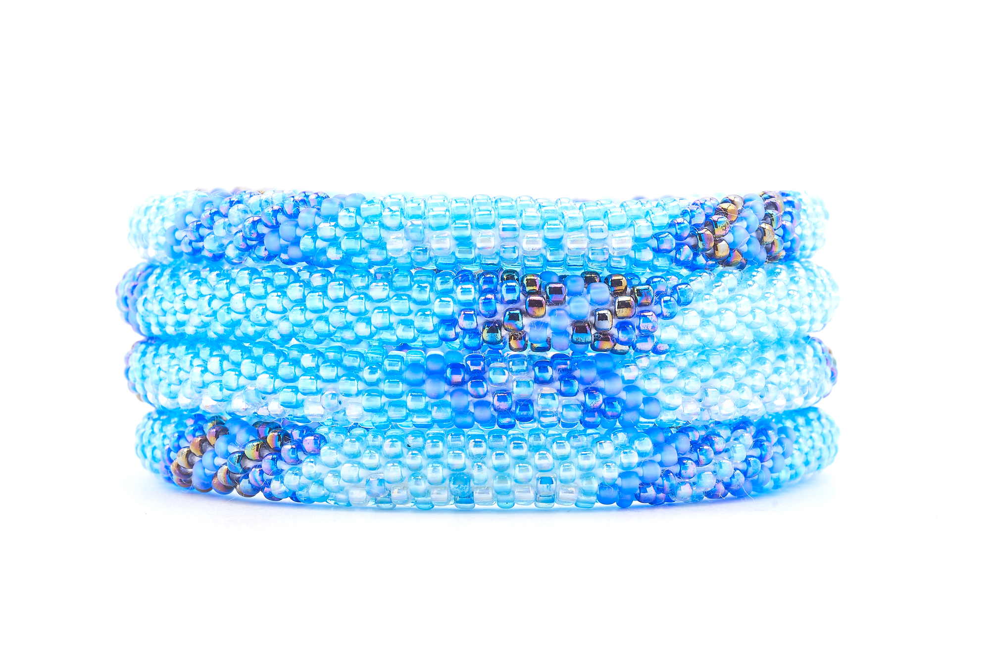 Sashka Co handmade beaded friendship bracelet with iridescent blue, iridescent clear, iridescent, and matte iridescent blue glass beads. Crafted in Nepal by skilled artisans in an arrow pattern.