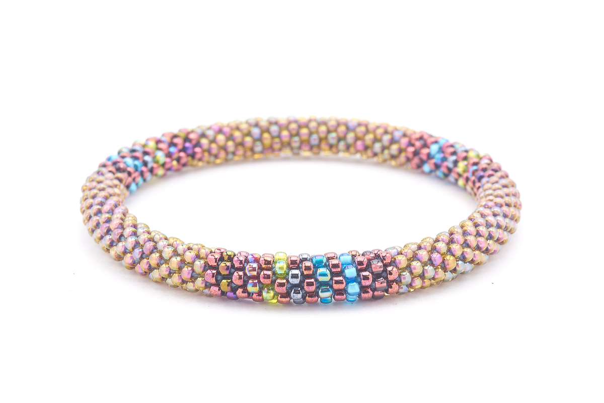 Sashka Co handmade beaded friendship bracelet with iridescent light bronze, iridescent plum, blue, green, and silver glass beads. Crafted in Nepal by skilled artisans in a block line pattern.