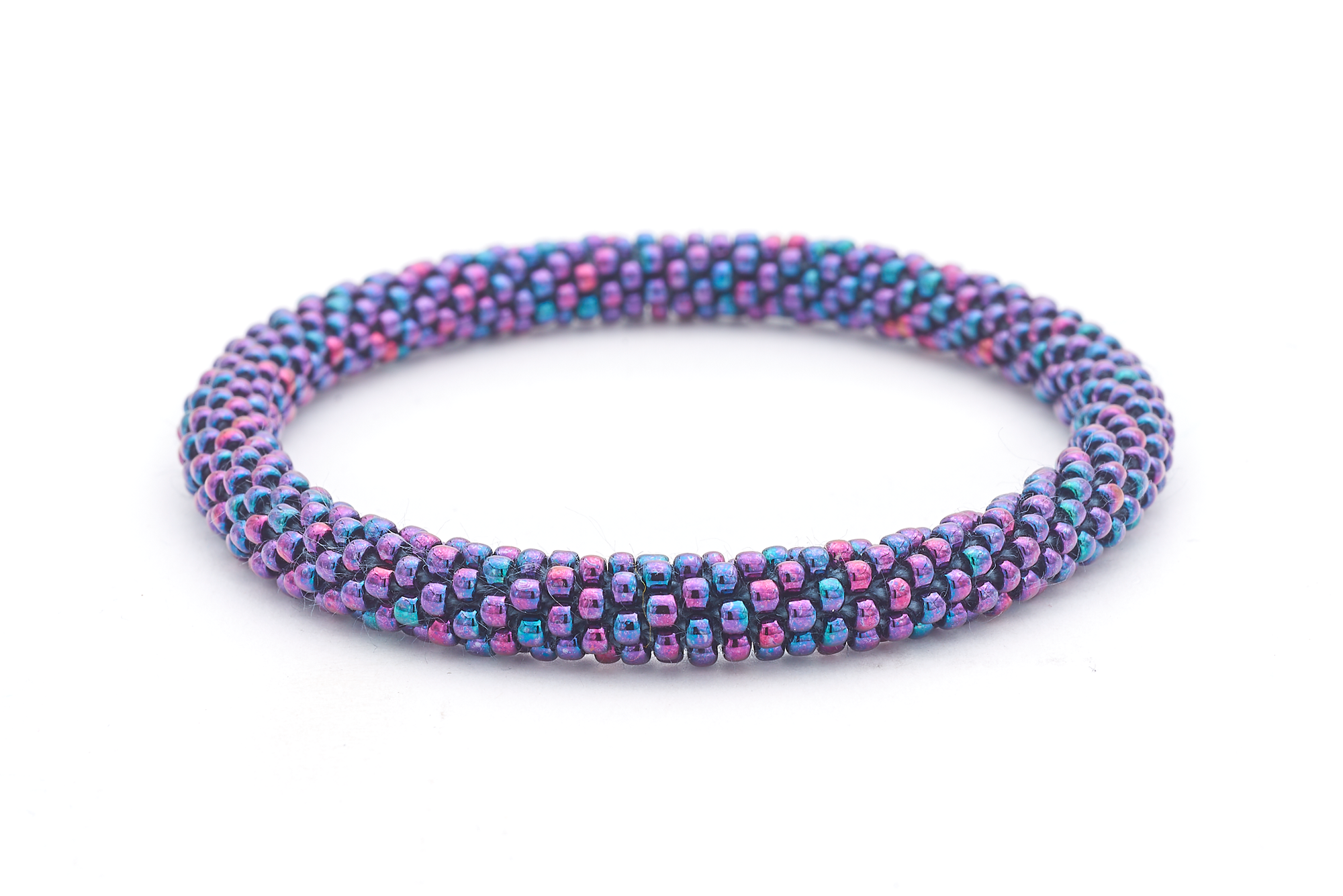 Sashka Co handmade beaded friendship bracelet with mixed iridescent purple and blue glass beads. Crafted in Nepal by skilled artisans.