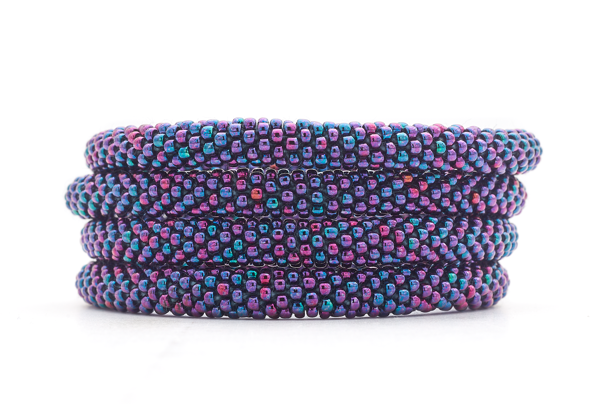 Sashka Co handmade beaded friendship bracelet with mixed iridescent purple and blue glass beads. Crafted in Nepal by skilled artisans.