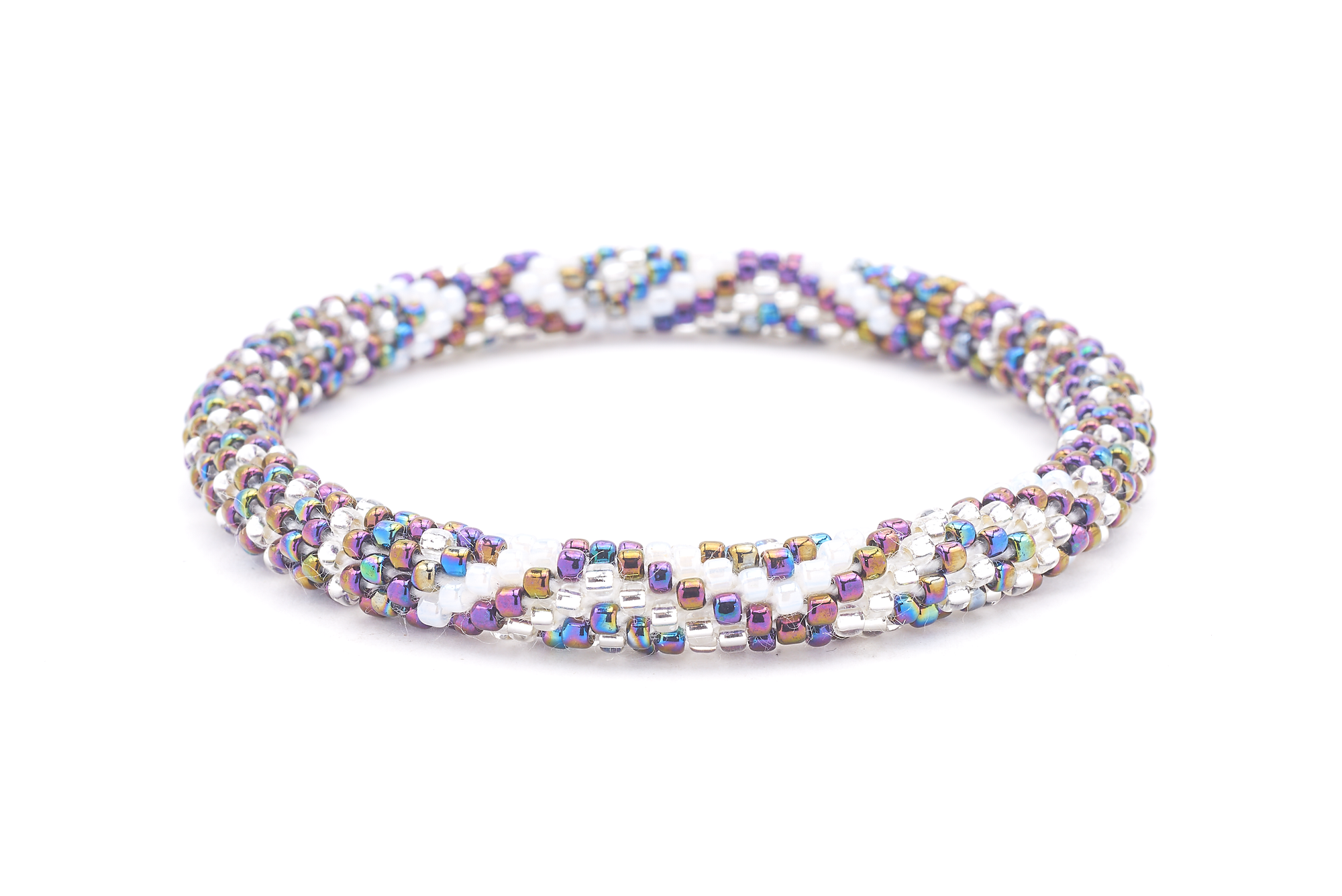 Sashka Co handmade beaded friendship bracelet with iridescent, purple, clear, and white glass beads. Crafted in Nepal by skilled artisans in a diamond line pattern.