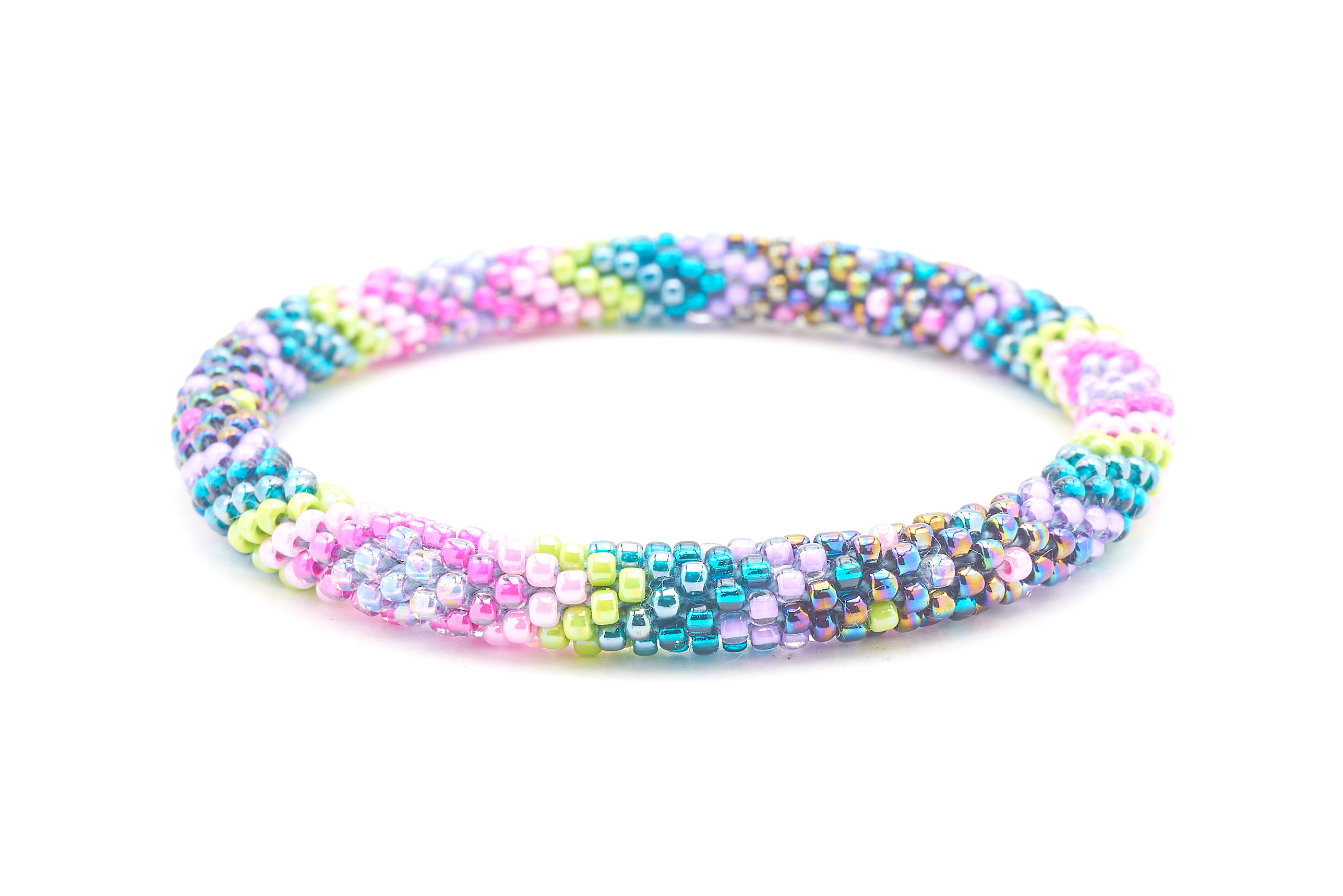Sashka Co handmade beaded friendship bracelet with iridescent, teal, purple, pink, and green glass beads. Crafted in Nepal by skilled artisans in a chevron diamond pattern.