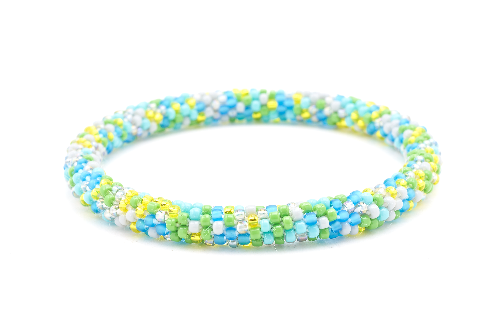 Sashka Co handmade beaded friendship bracelet with matte blue, turquoise, gray, yellow, and iridescent gray glass beads. Crafted in Nepal by skilled artisans in a confetti pattern.