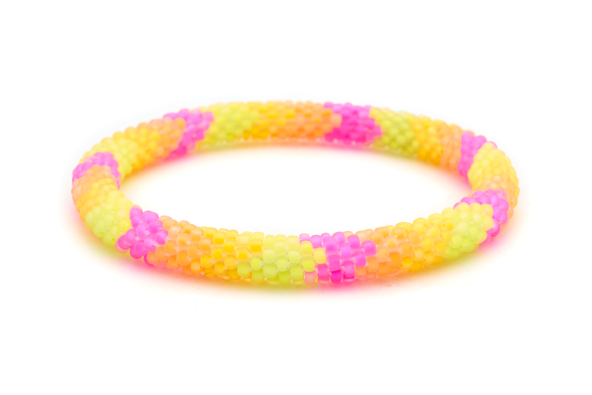 Sashka Co handmade beaded friendship bracelet with neon pink, neon yellow, and neon orange glass beads. Crafted in Nepal by skilled artisans in a chevron pattern.