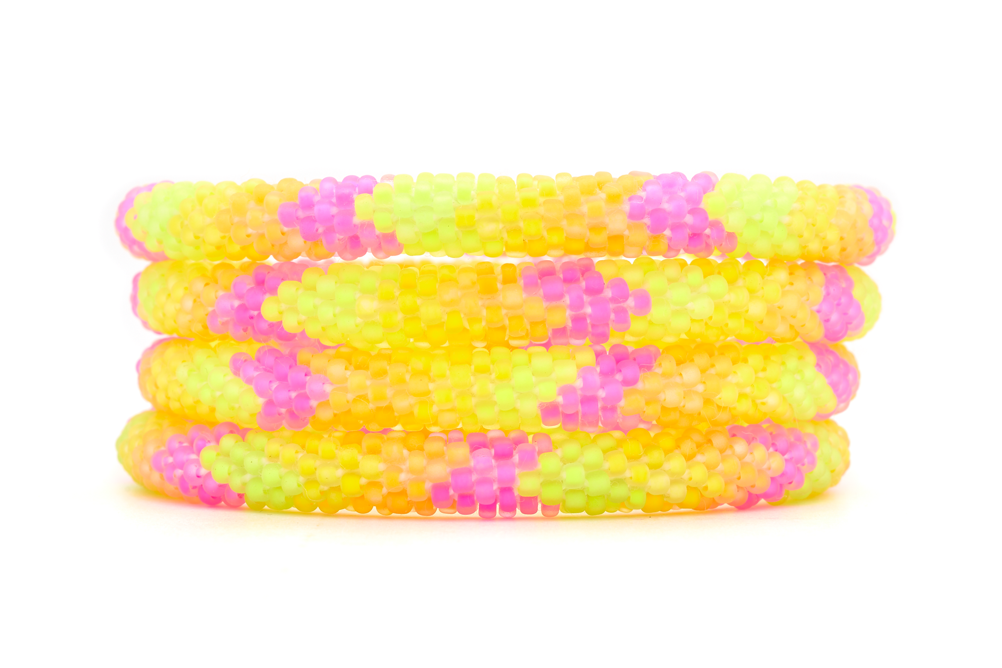 Sashka Co handmade beaded friendship bracelet with neon pink, neon yellow, and neon orange glass beads. Crafted in Nepal by skilled artisans in a chevron pattern.