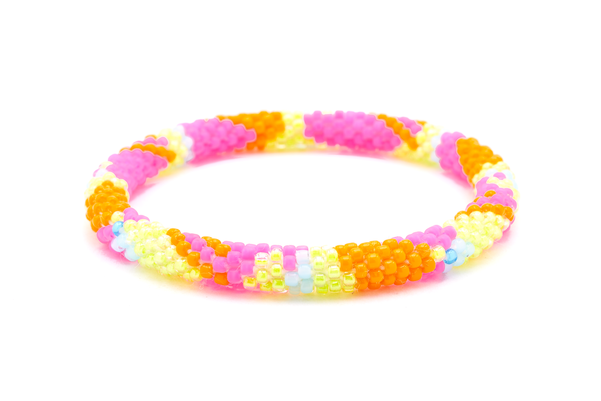 Sashka Co handmade beaded friendship bracelet with orange, matte pink, yellow, and blue glass beads. Crafted in Nepal by skilled artisans.