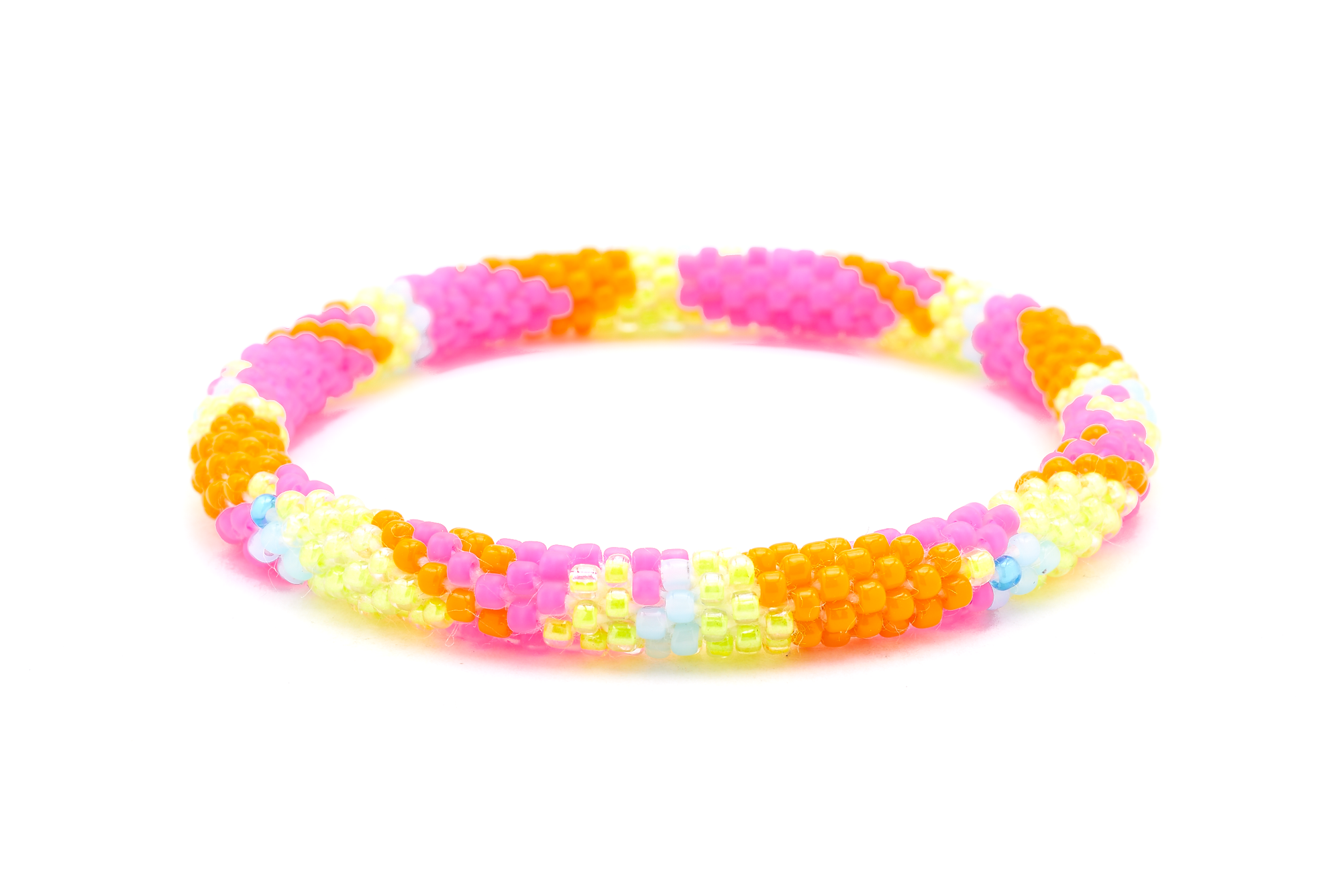 Sashka Co handmade beaded friendship bracelet with orange, matte pink, yellow, and blue glass beads. Crafted in Nepal by skilled artisans.