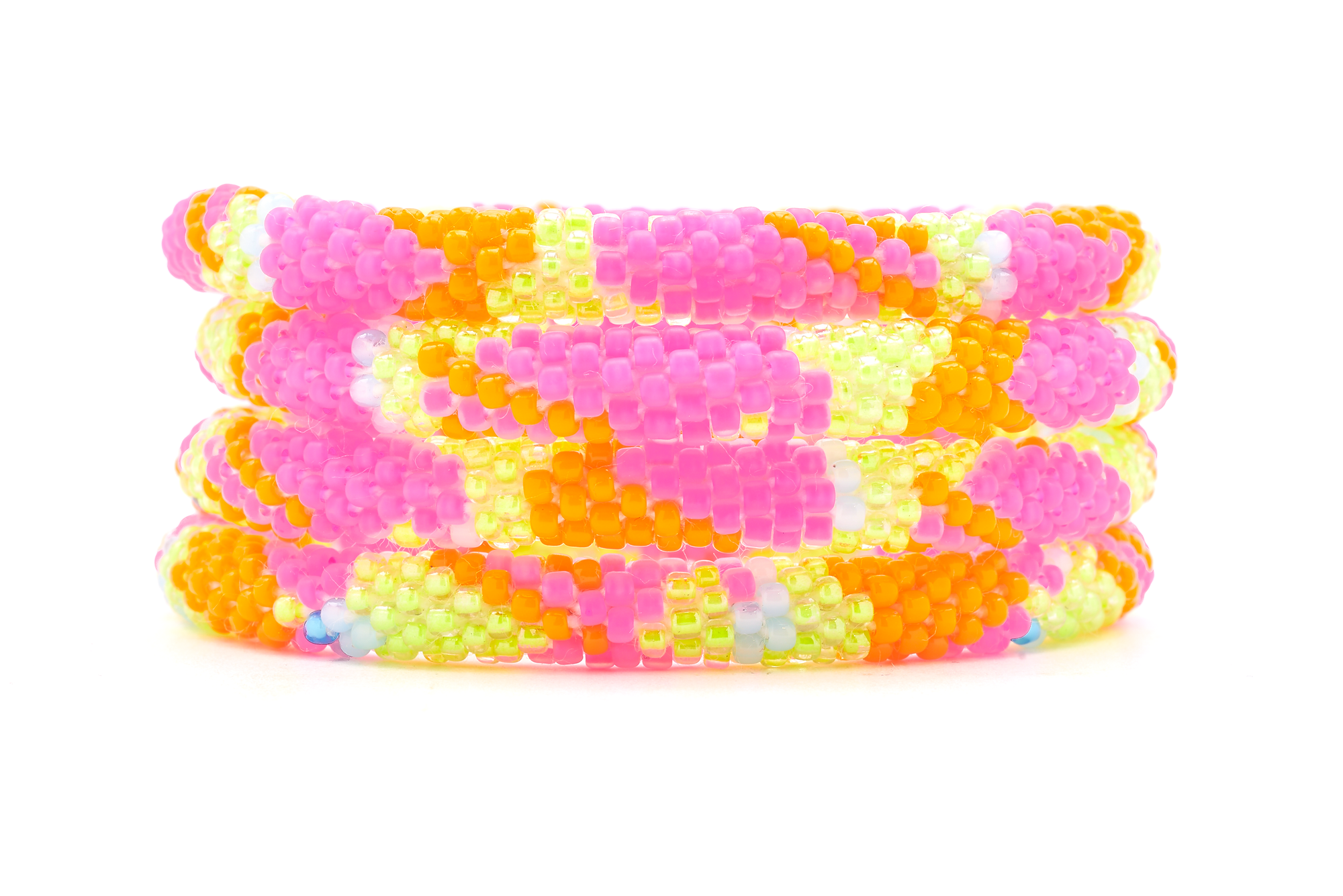 Sashka Co handmade beaded friendship bracelet with orange, matte pink, yellow, and blue glass beads. Crafted in Nepal by skilled artisans.