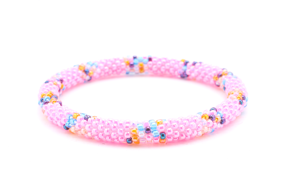 Sashka Co handmade beaded friendship bracelet with pink, blue, orange, iridescent, and purple glass beads. Crafted in Nepal by skilled artisans in a confetti block pattern.