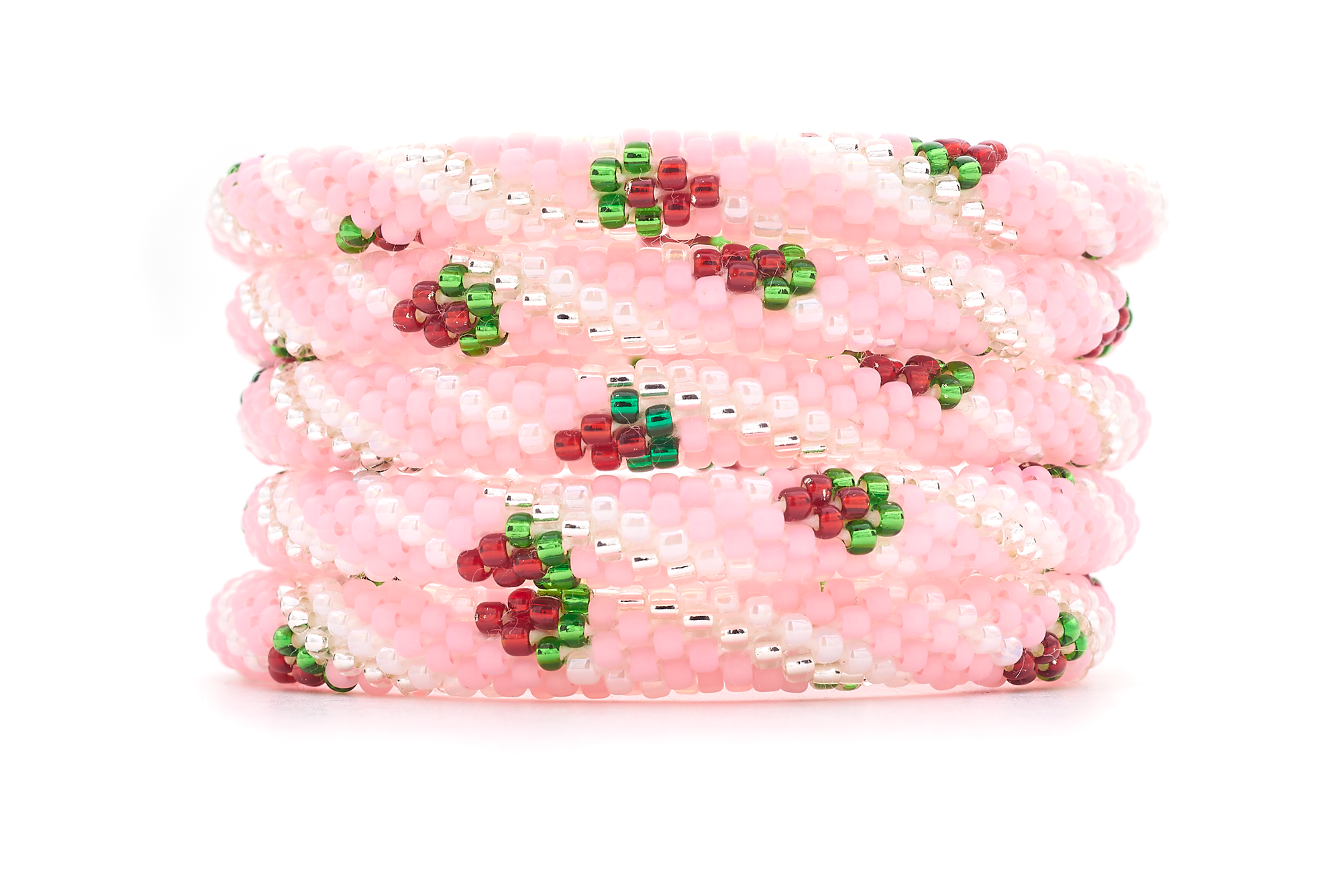 Sashka Co handmade beaded friendship bracelet with pink, clear, white, red, and green strawberry spiral pattern. Crafted in Nepal by skilled artisans.