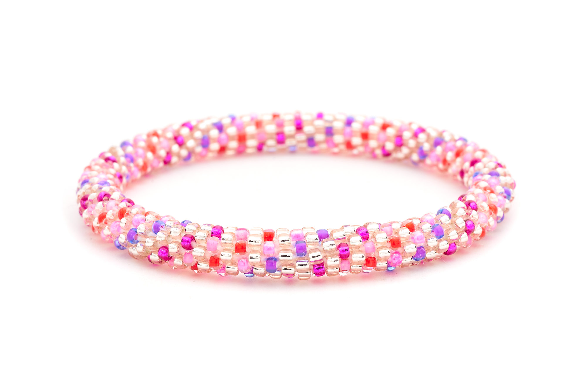 Sashka Co handmade beaded friendship bracelet with pink, purple, red, and rose gold polka dot spiral pattern. Crafted in Nepal by skilled artisans.