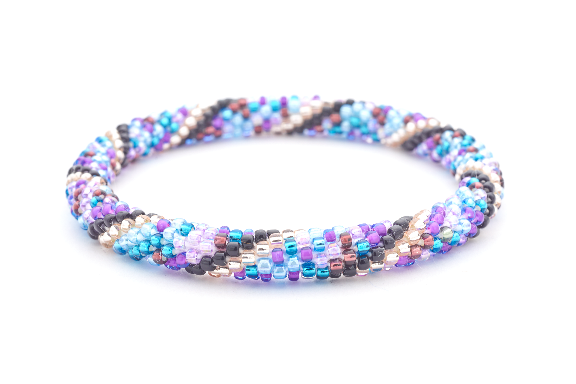 Sashka Co handmade beaded friendship bracelet with purple, black, blue, and rose gold glass beads. Crafted in Nepal by skilled artisans in a spiral mixed pattern.