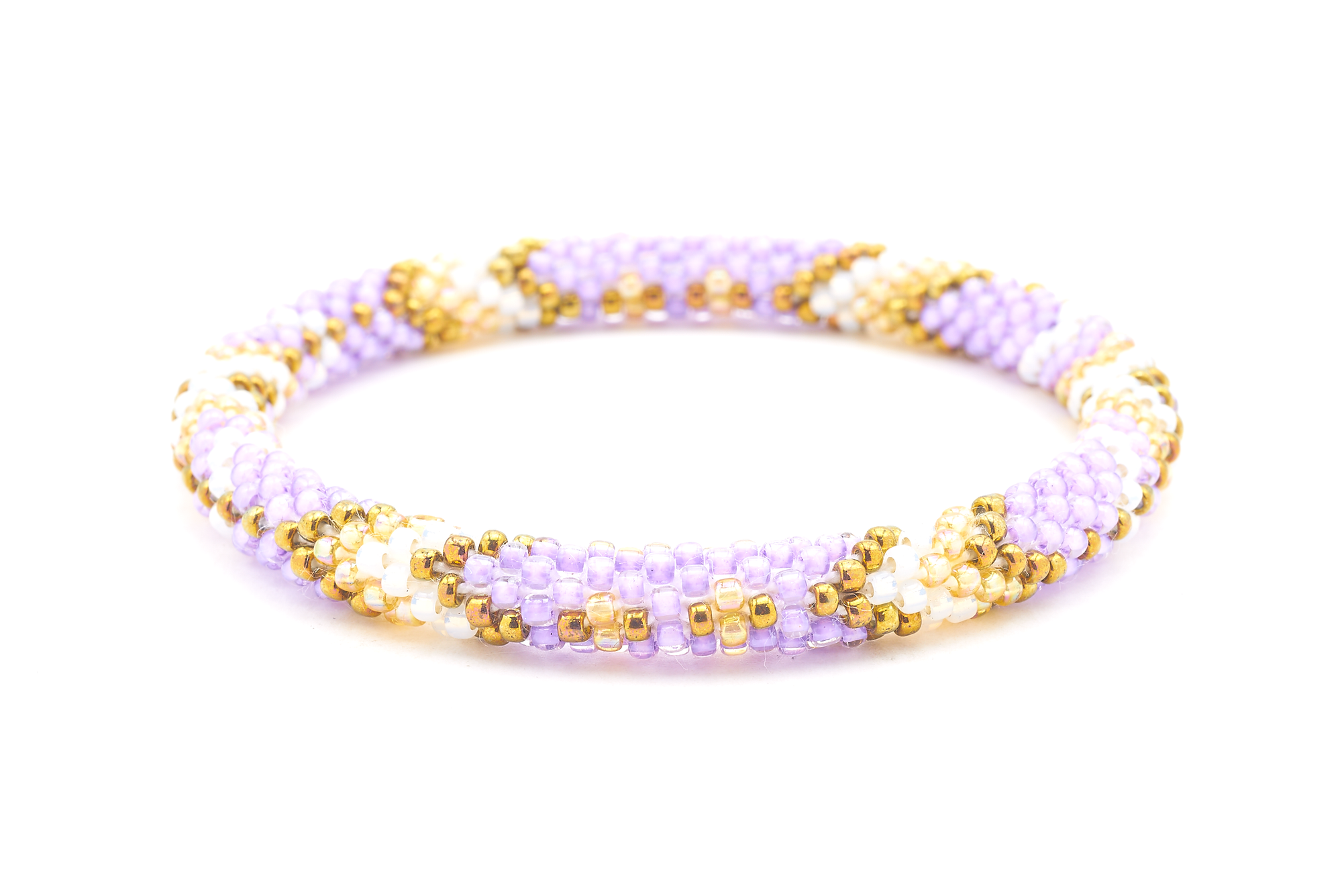 Sashka Co handmade beaded friendship bracelet with purple, bronze, marigold, and white glass beads. Crafted in Nepal by skilled artisans in an arrow diamond pattern.