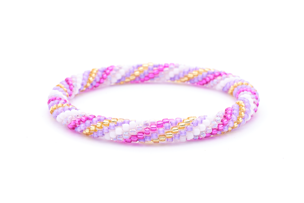 Sashka Co. handmade beaded friendship bracelet with purple, fuchsia, white, champagne gold, and iridescent purple spiral pattern. Crafted in Nepal by skilled artisans.