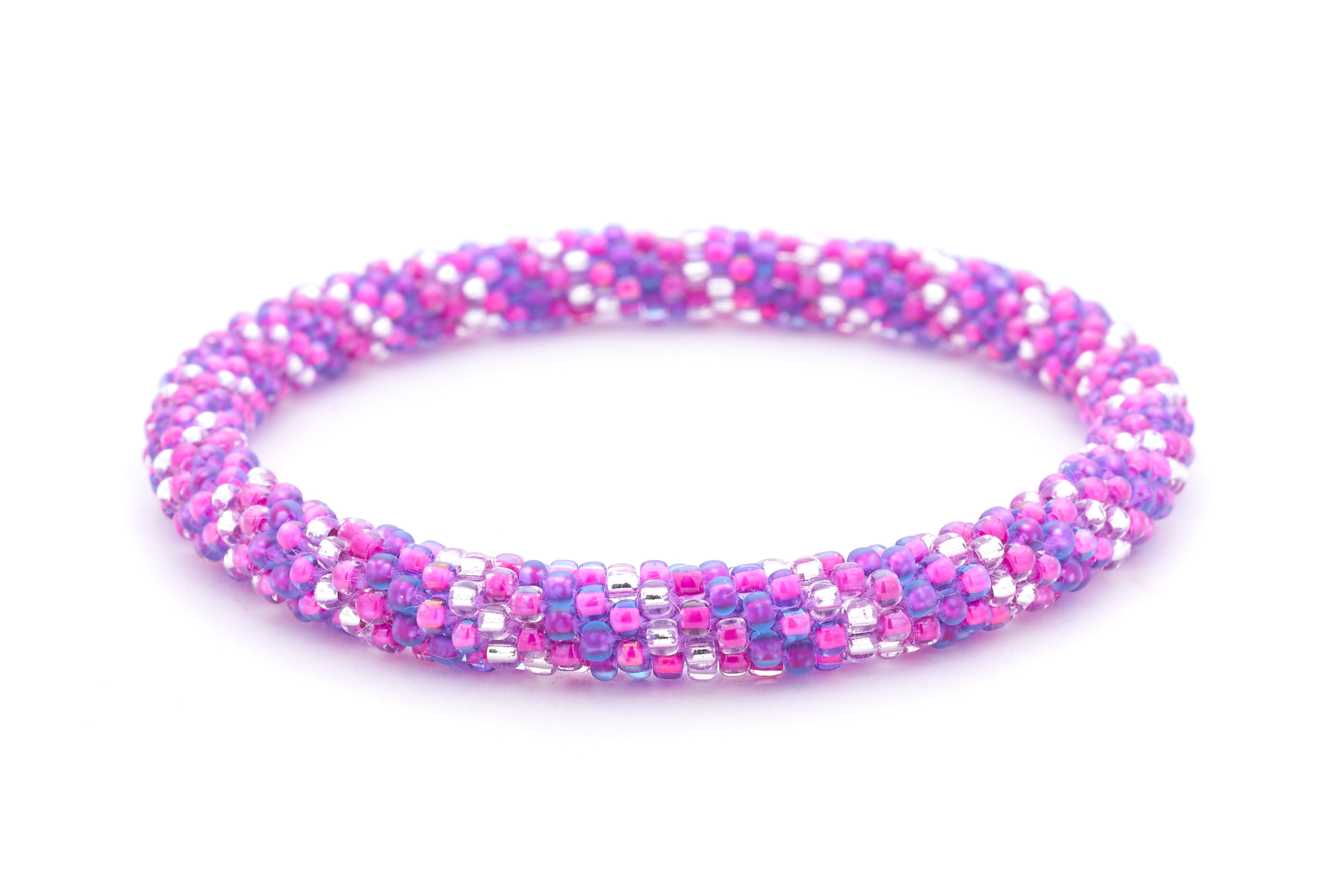 Sashka Co handmade beaded friendship bracelet with purple, pink, and clear glass beads. Crafted in Nepal by skilled artisans in a spiral pattern.

