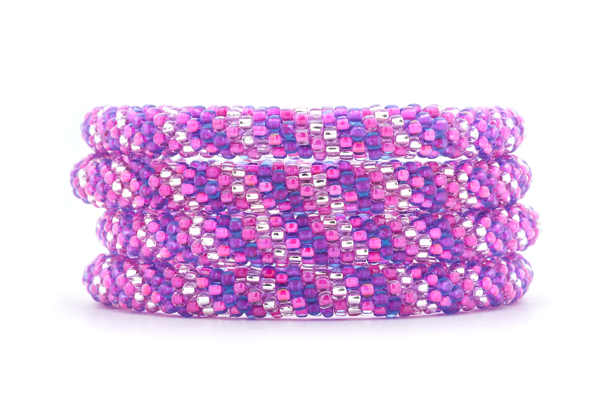Sashka Co handmade beaded friendship bracelet with purple, pink, and clear glass beads. Crafted in Nepal by skilled artisans in a spiral pattern.

