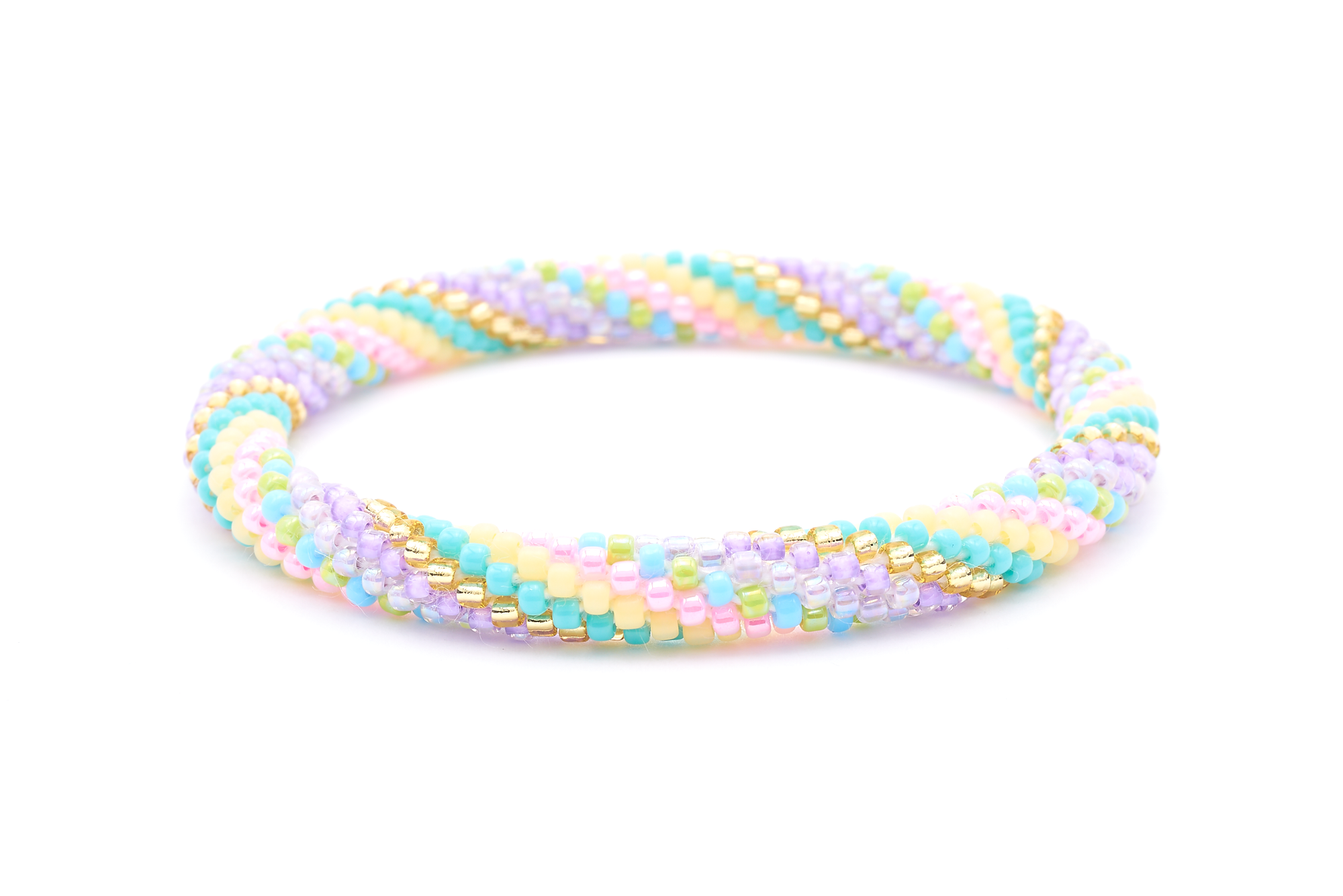 Sashka Co. handmade beaded friendship bracelet with purple, pink, turquoise, green, champagne gold, and matte yellow spiral pattern. Crafted in Nepal by skilled artisans.