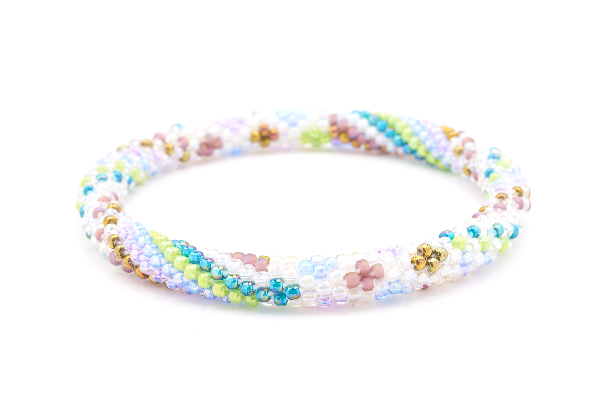 Sashka Co handmade beaded friendship bracelet with a diamond spiral of iridescent clear, mauve, teal, green, purple, lavender, and bronze glass beads. Crafted in Nepal by skilled artisans.
