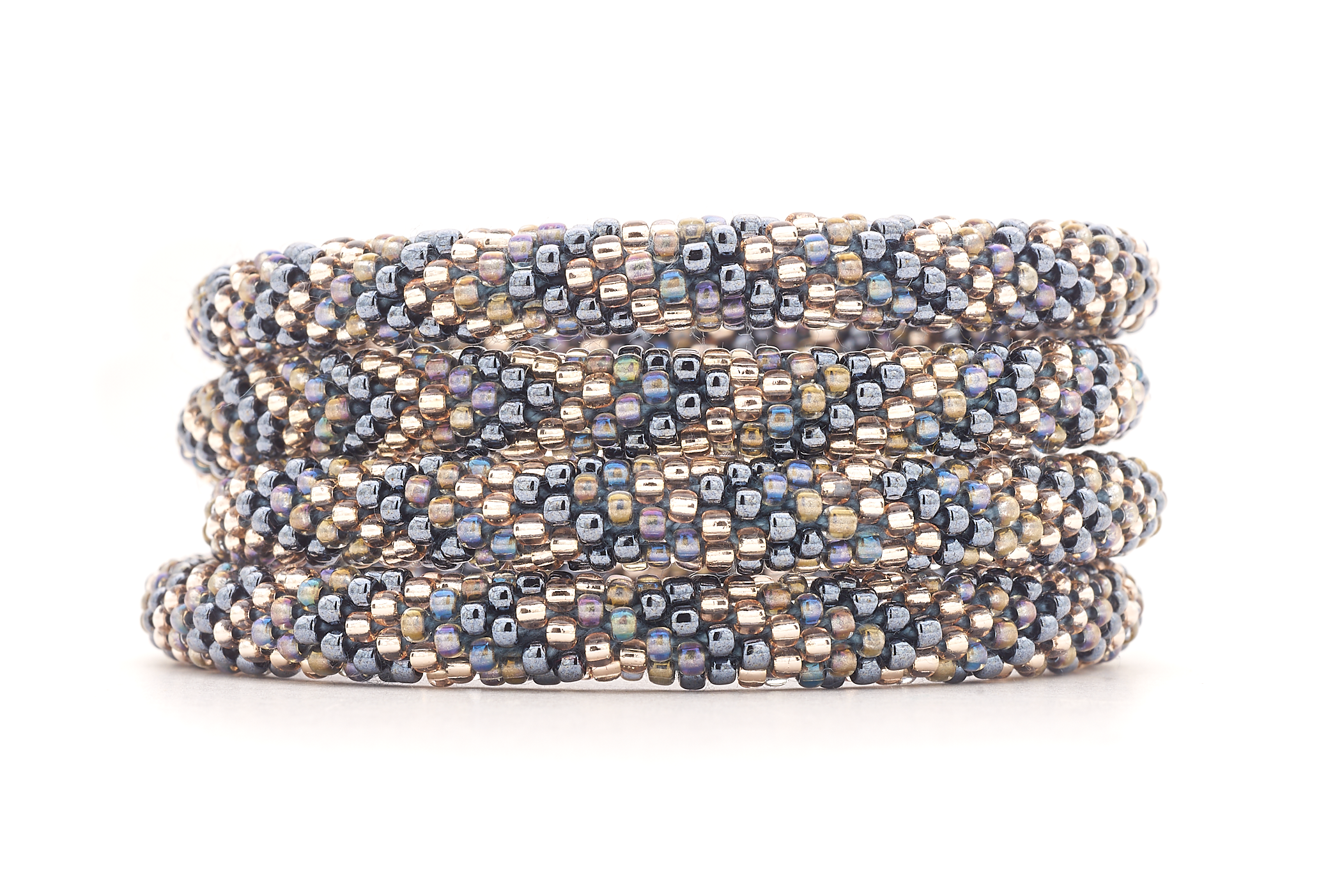 Sashka Co handmade beaded friendship bracelet with silver, clear, and iridescent glass beads in a chevron pattern. Artisan crafted in Nepal.

