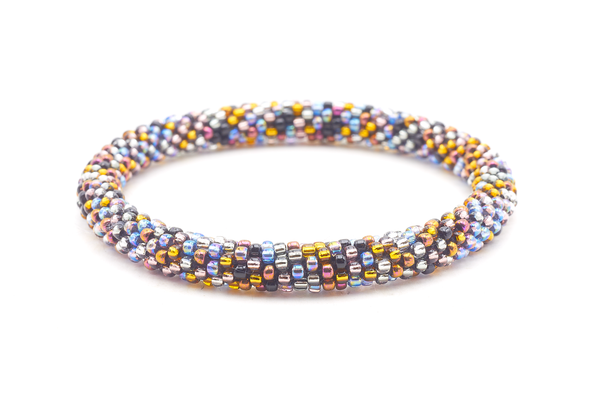 Sashka Co handmade beaded friendship bracelet with silver, gold, plum, black, and iridescent glass beads. Crafted in Nepal by skilled artisans.