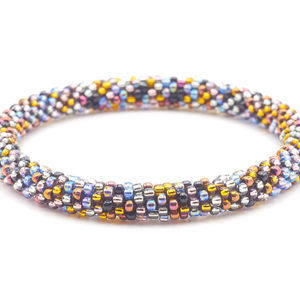 Sashka Co handmade beaded friendship bracelet with silver, gold, plum, black, and iridescent glass beads. Crafted in Nepal by skilled artisans.