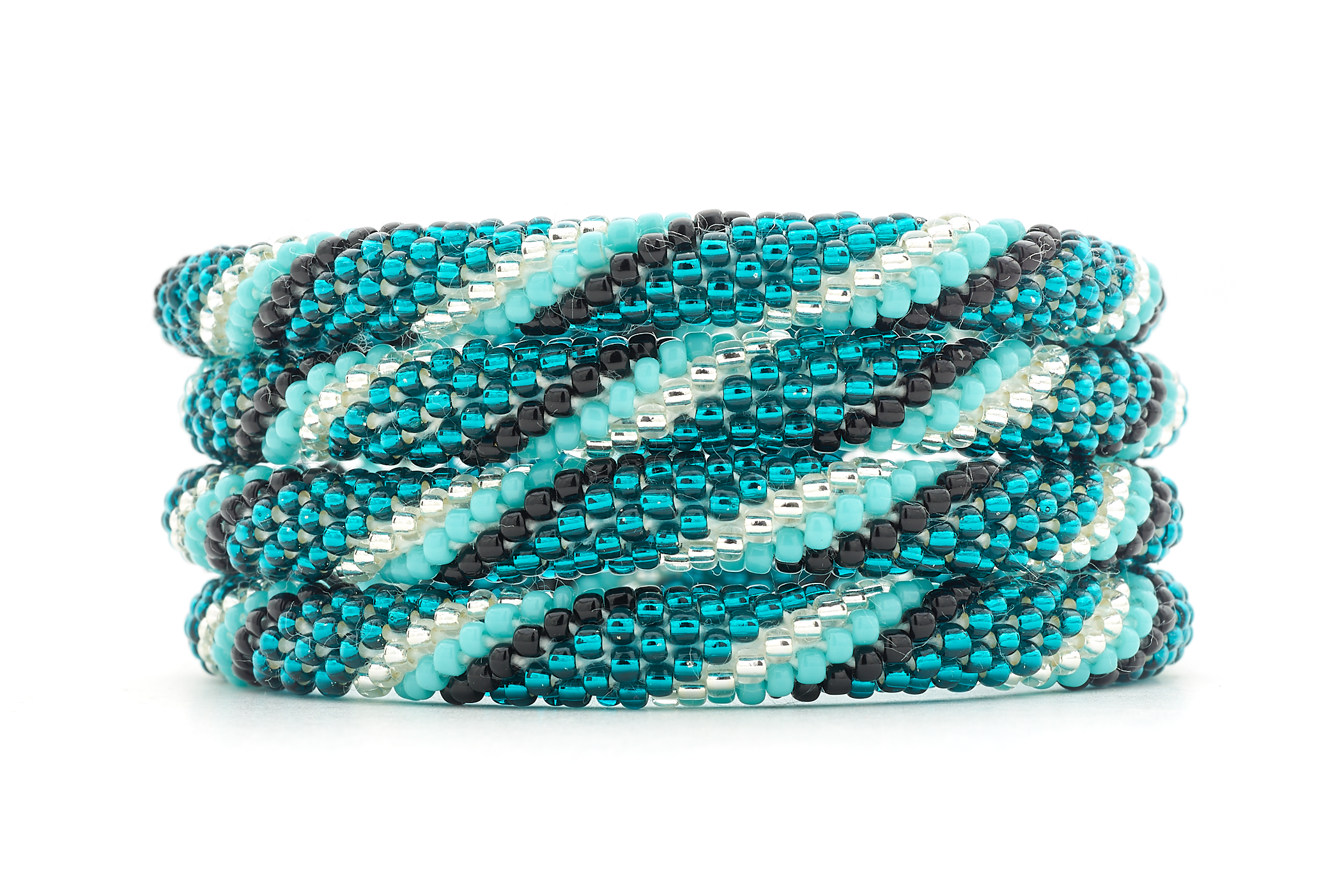 Sashka Co handmade beaded friendship bracelet with teal, turquoise, black, and clear spiral pattern. Crafted in Nepal by skilled artisans.