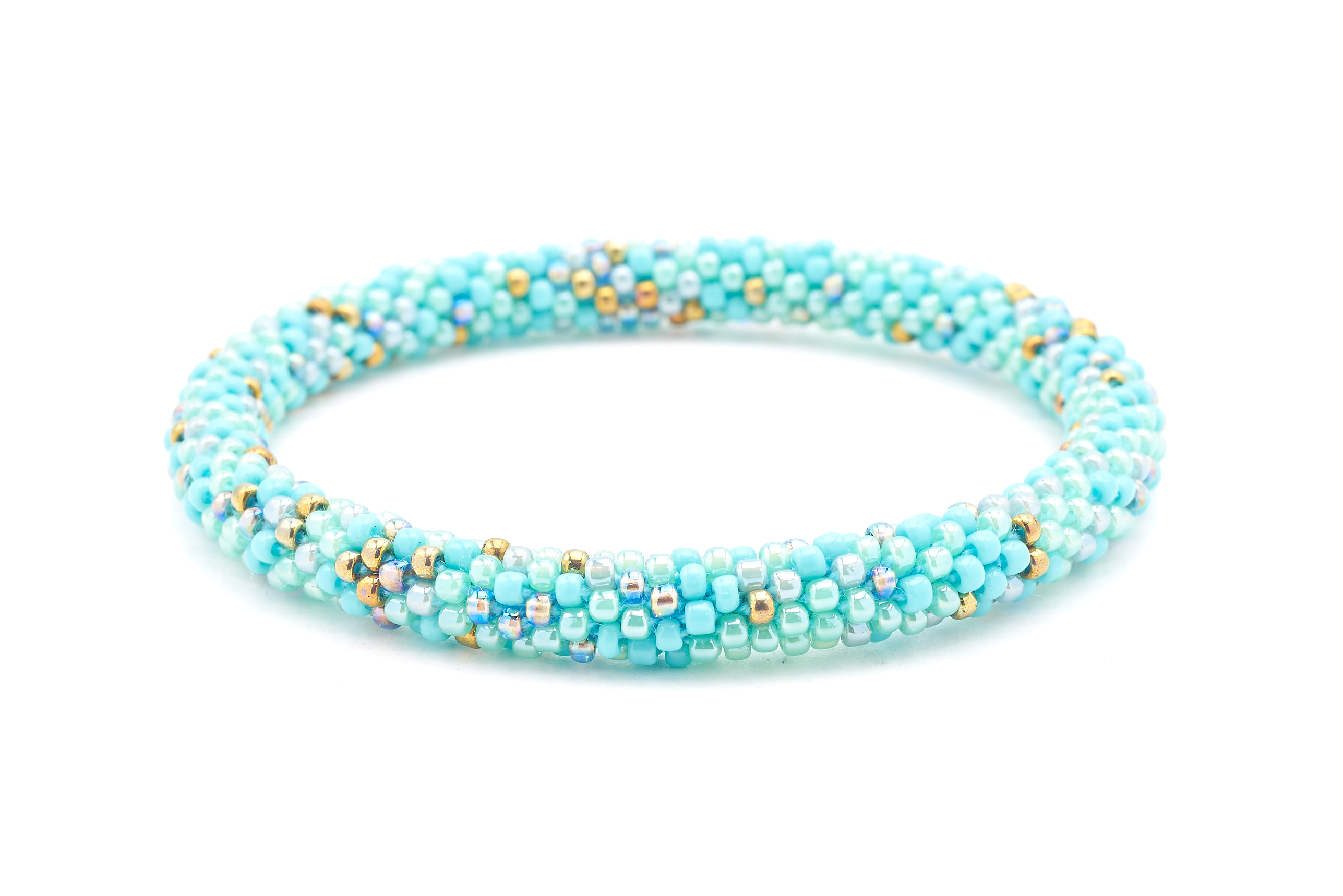 Sashka Co handmade beaded friendship bracelet with turquoise, mint, gray, bronze, and iridescent glass beads. Crafted in Nepal by skilled artisans in a confetti pattern.