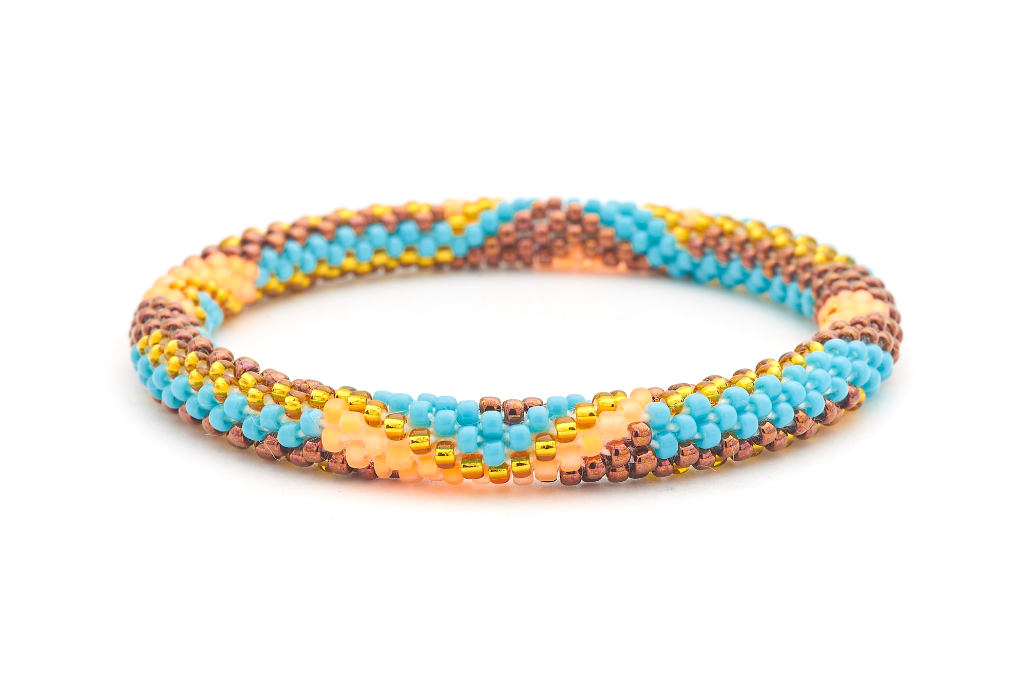 Sashka Co handmade beaded friendship bracelet with turquoise, orange, brown, and gold glass beads. Crafted in Nepal by skilled artisans.
