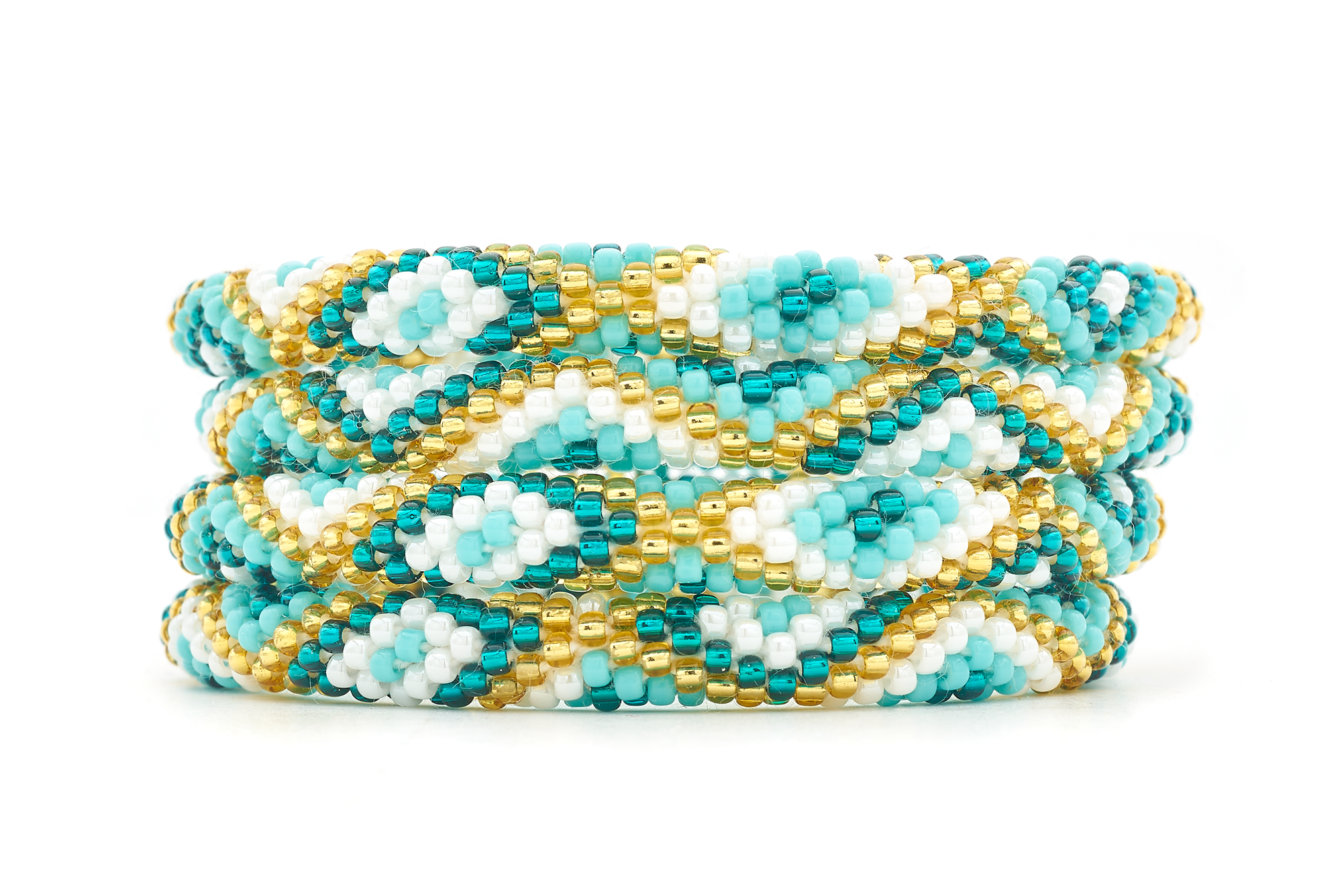 Sashka Co handmade beaded friendship bracelet with turquoise, teal, white, and champagne gold diamond pattern. Crafted in Nepal by skilled artisans.