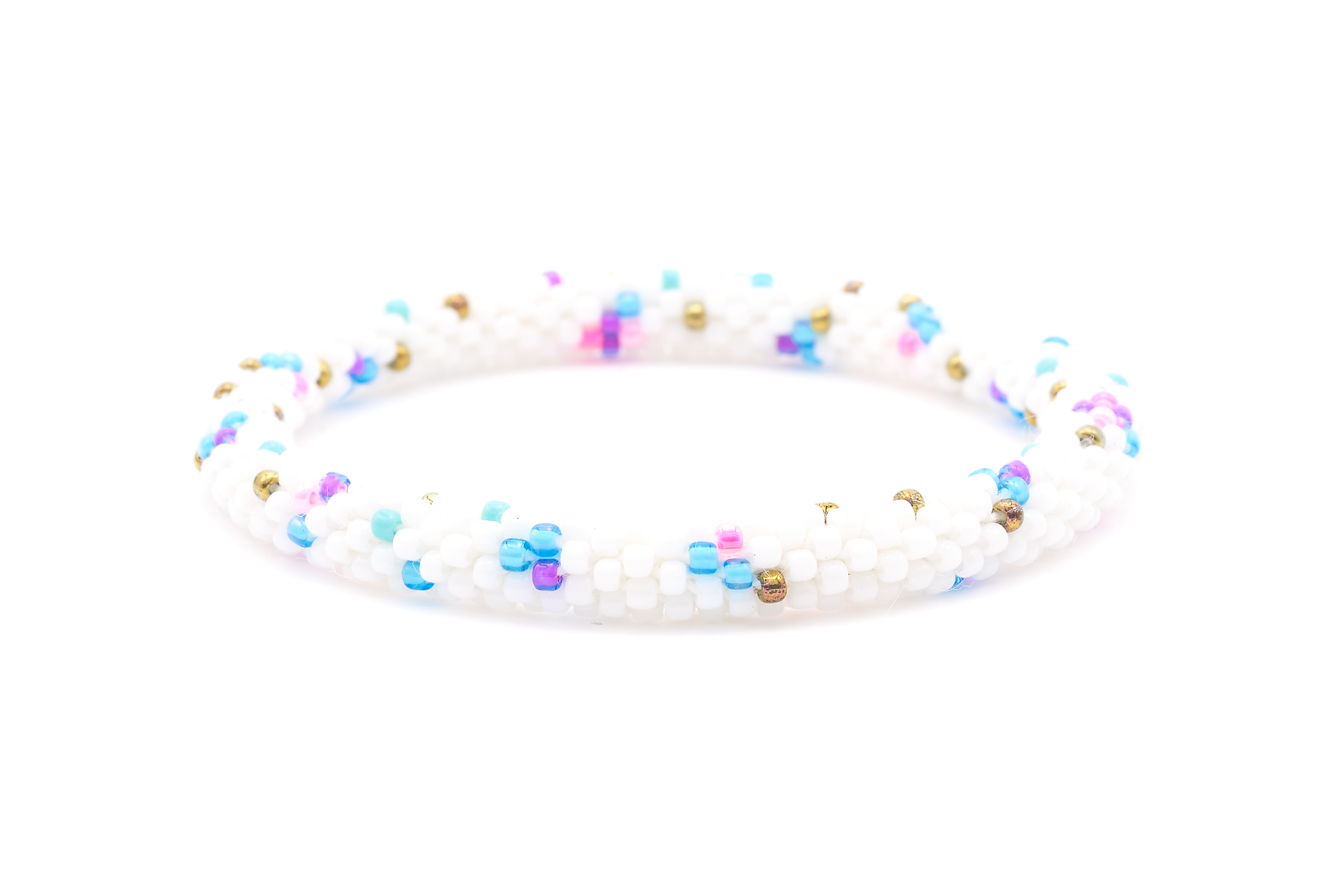 Sashka Co. handmade beaded friendship bracelet with white, blue, pink, purple, and bronze playful pattern. Crafted in Nepal by skilled artisans.