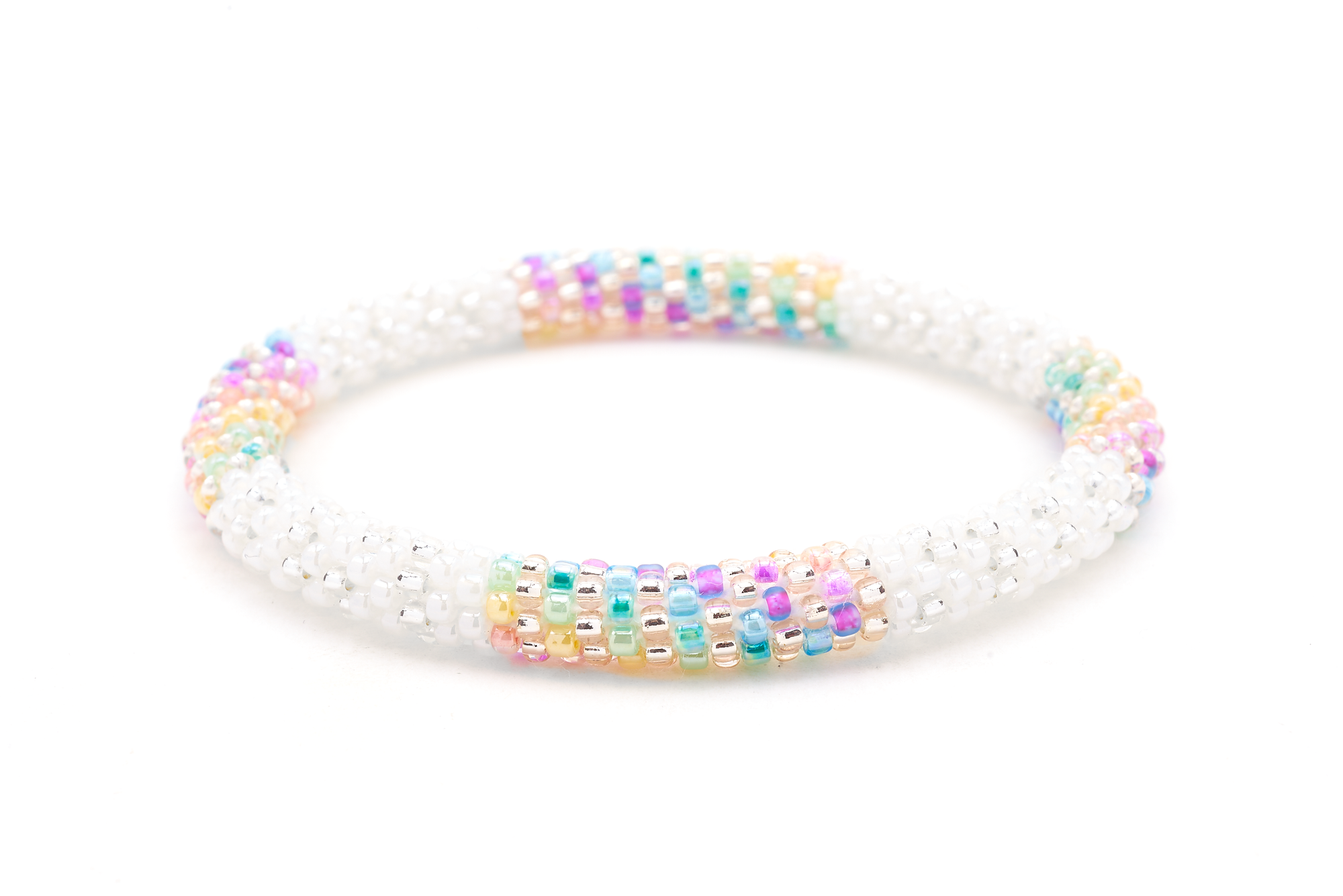 Sashka Co handmade beaded friendship bracelet with a line pattern in white, clear, rose gold, purple, blue, green, yellow, and coral. Crafted in Nepal by skilled artisans.