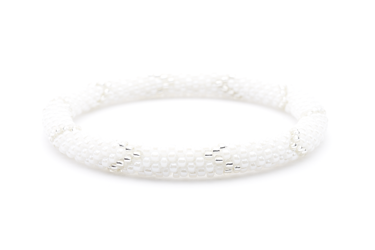 Sashka Co handmade beaded friendship bracelet with white and clear glass beads. Crafted in Nepal by skilled artisans.