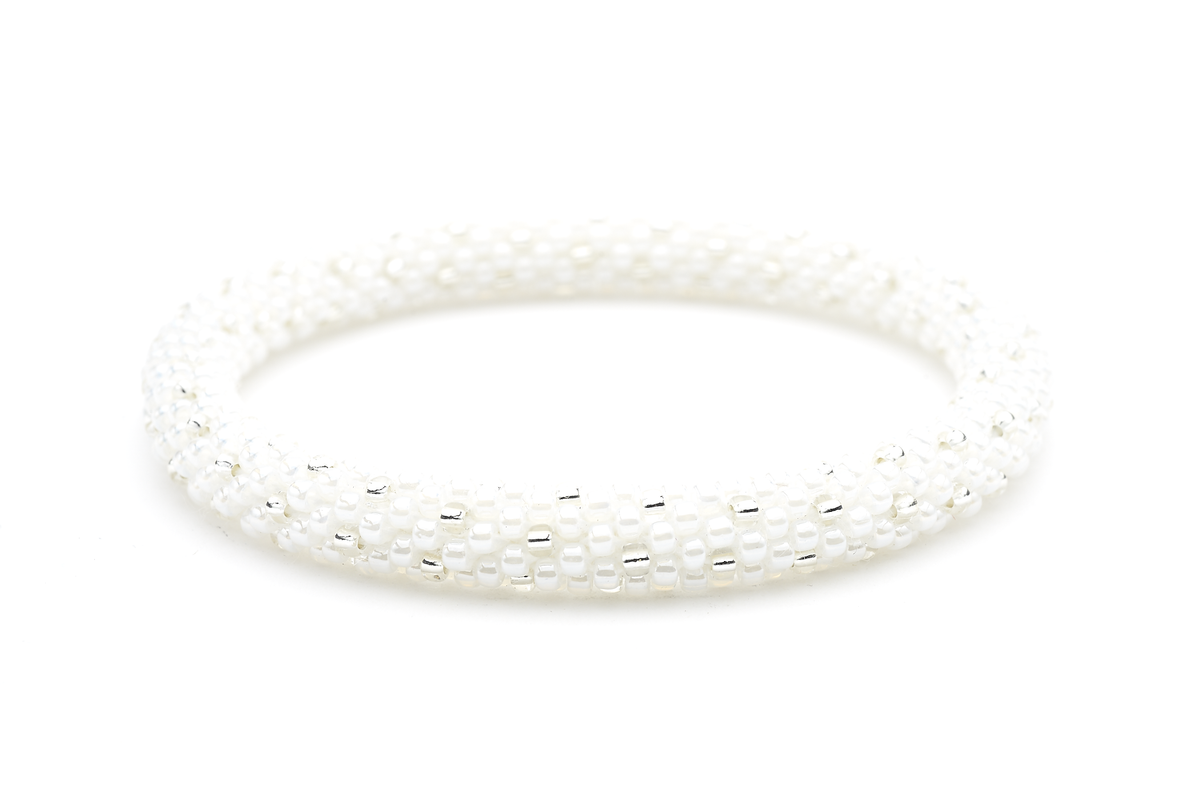 Sashka Co handmade beaded friendship bracelet with white and clear glass beads. Crafted in Nepal by skilled artisans in a polka dot pattern.